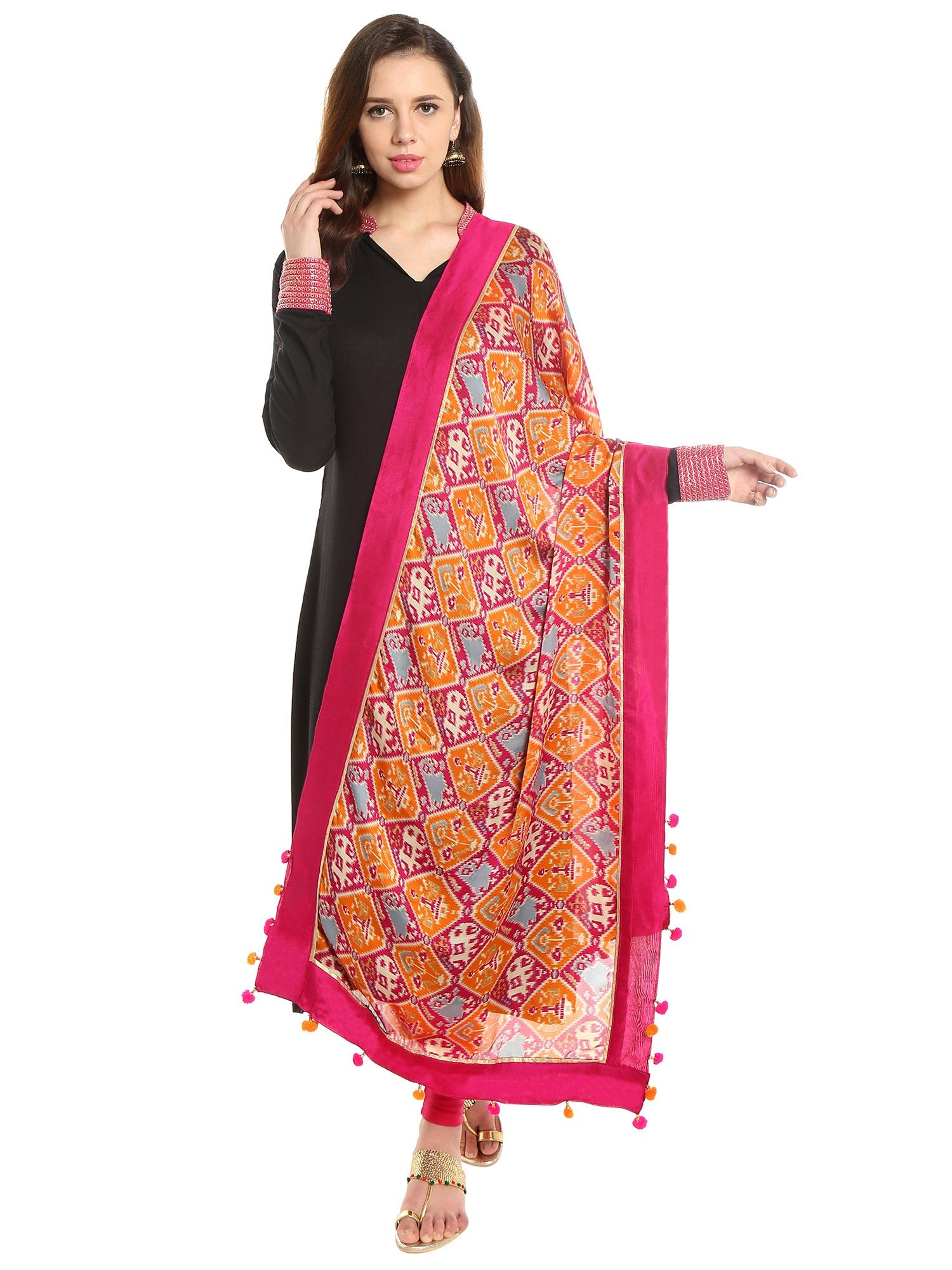 Dupatta Bazaar Woman's Satin Crepe Pink & Orange Ikat Print Dupatta - Dupatta Bazaar