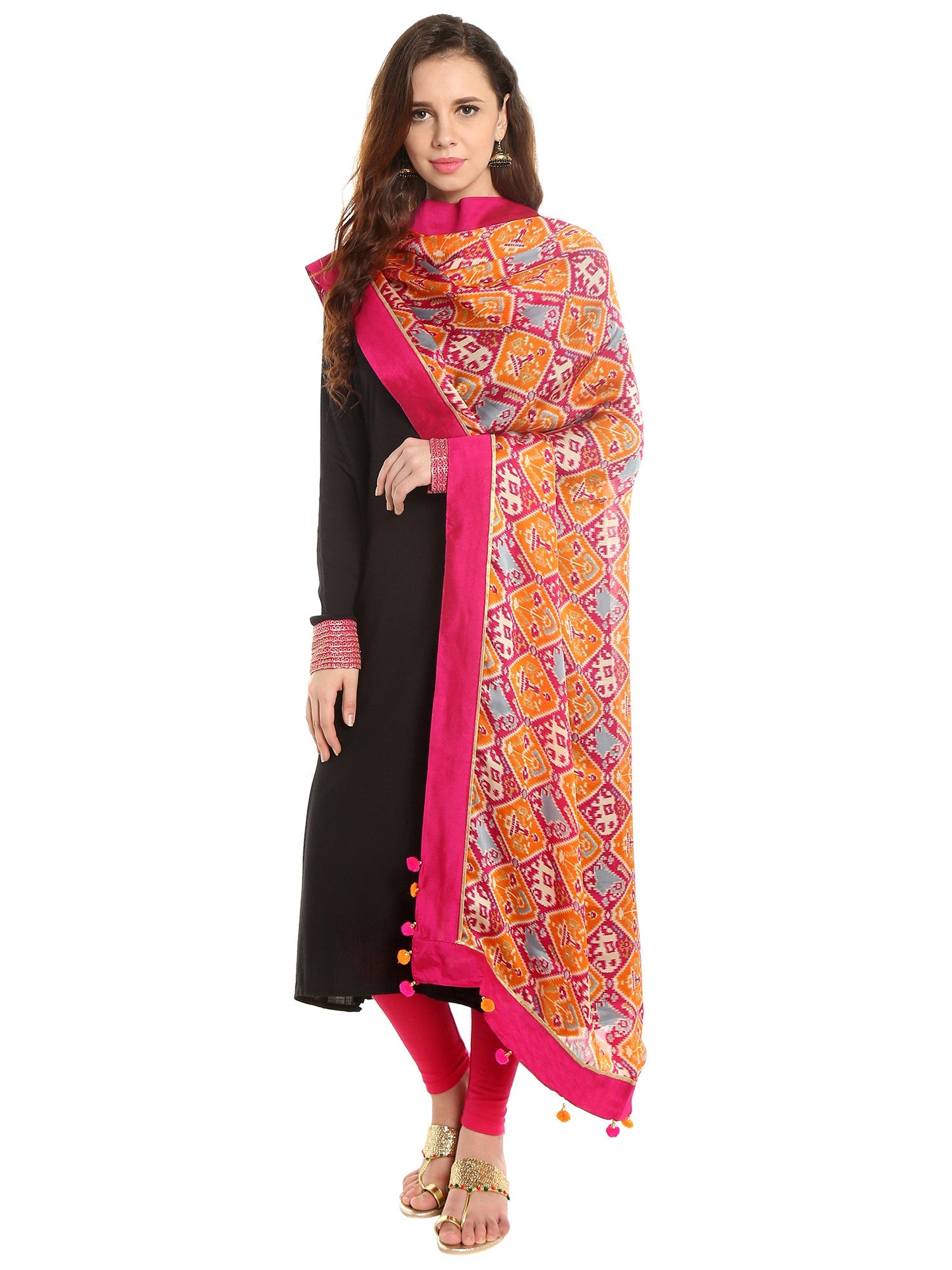 Dupatta Bazaar Woman's Satin Crepe Pink & Orange Ikat Print Dupatta - Dupatta Bazaar