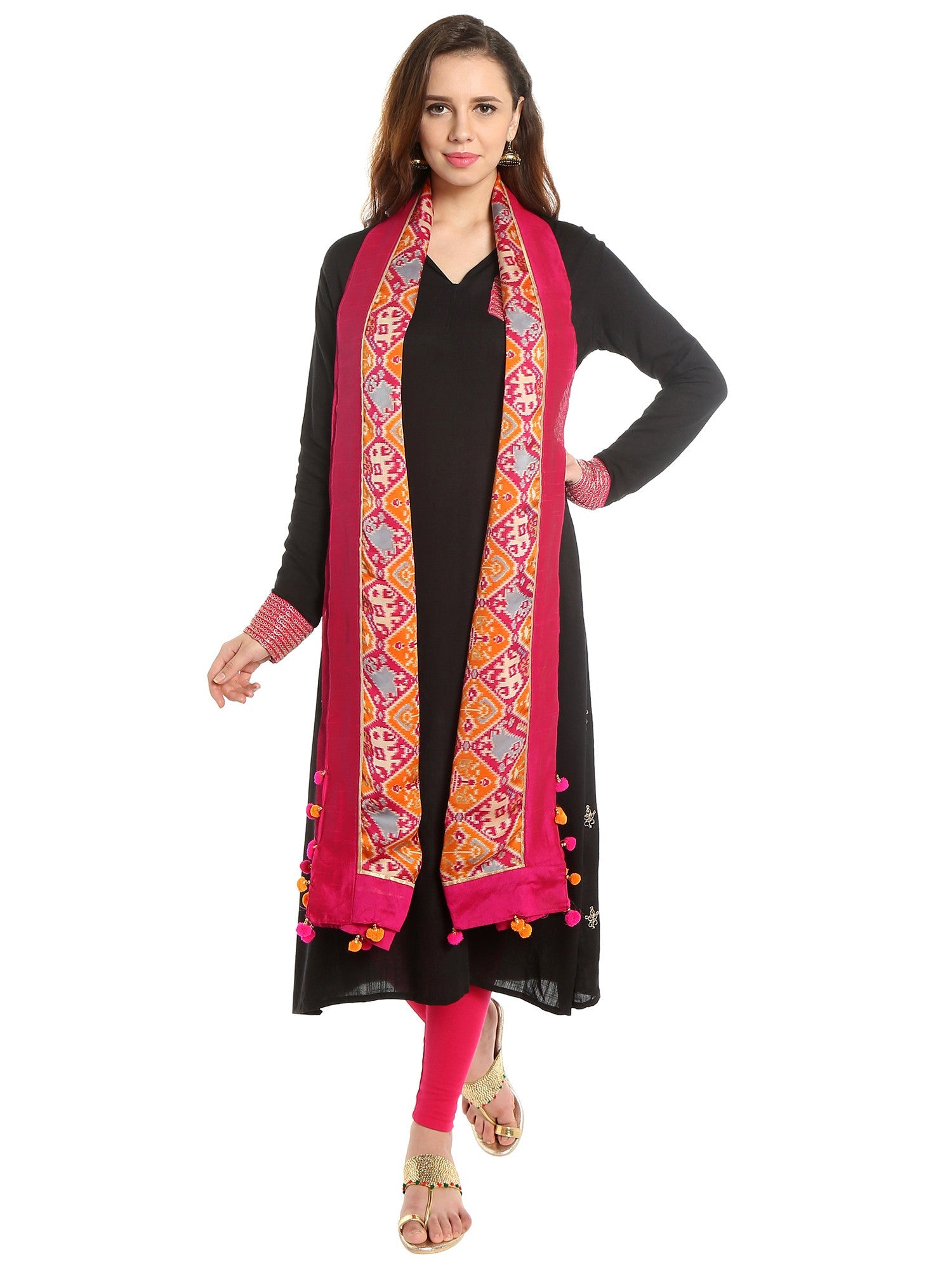 Dupatta Bazaar Woman's Satin Crepe Pink & Orange Ikat Print Dupatta - Dupatta Bazaar