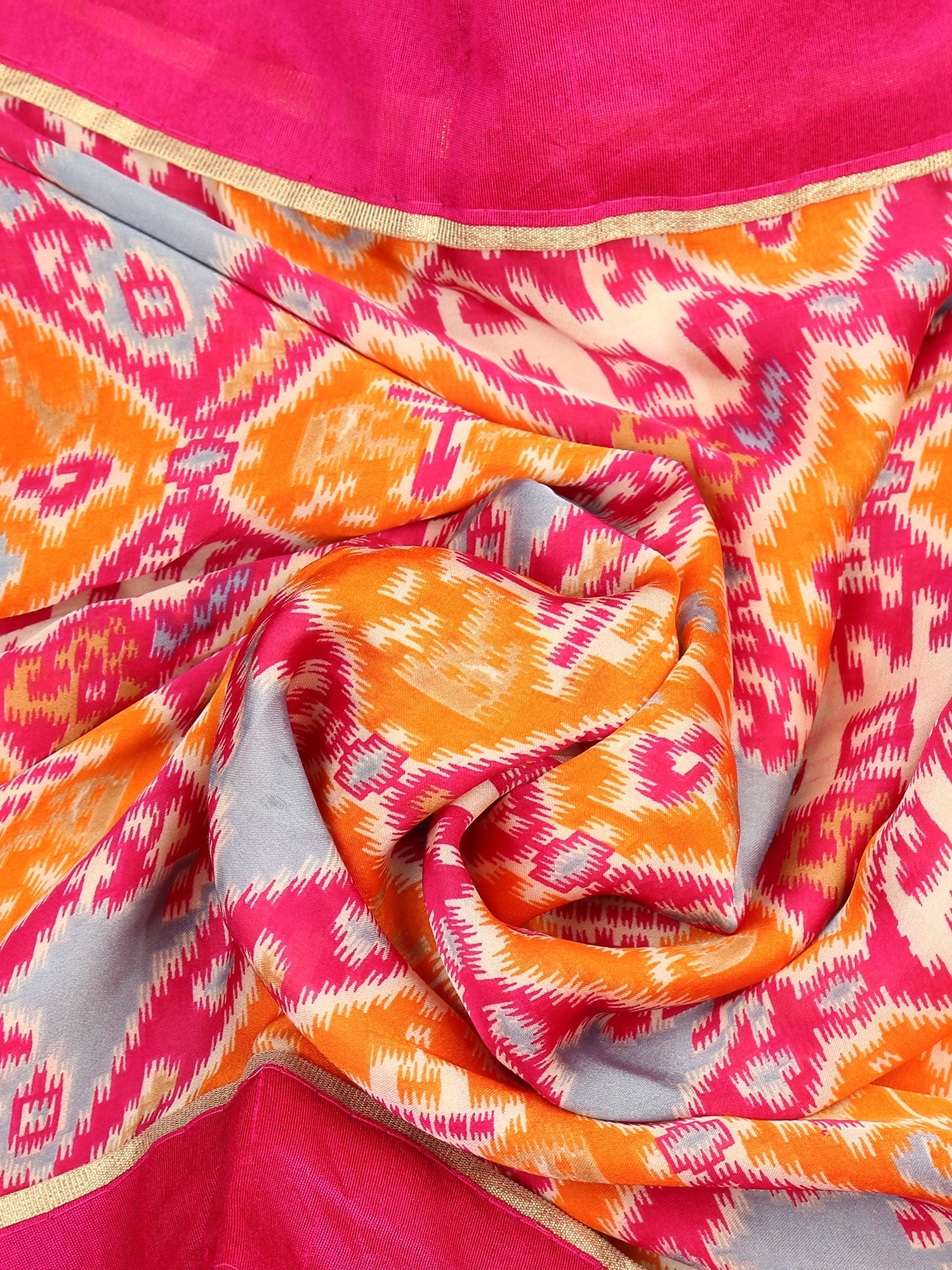 Dupatta Bazaar Woman's Satin Crepe Pink & Orange Ikat Print Dupatta - Dupatta Bazaar