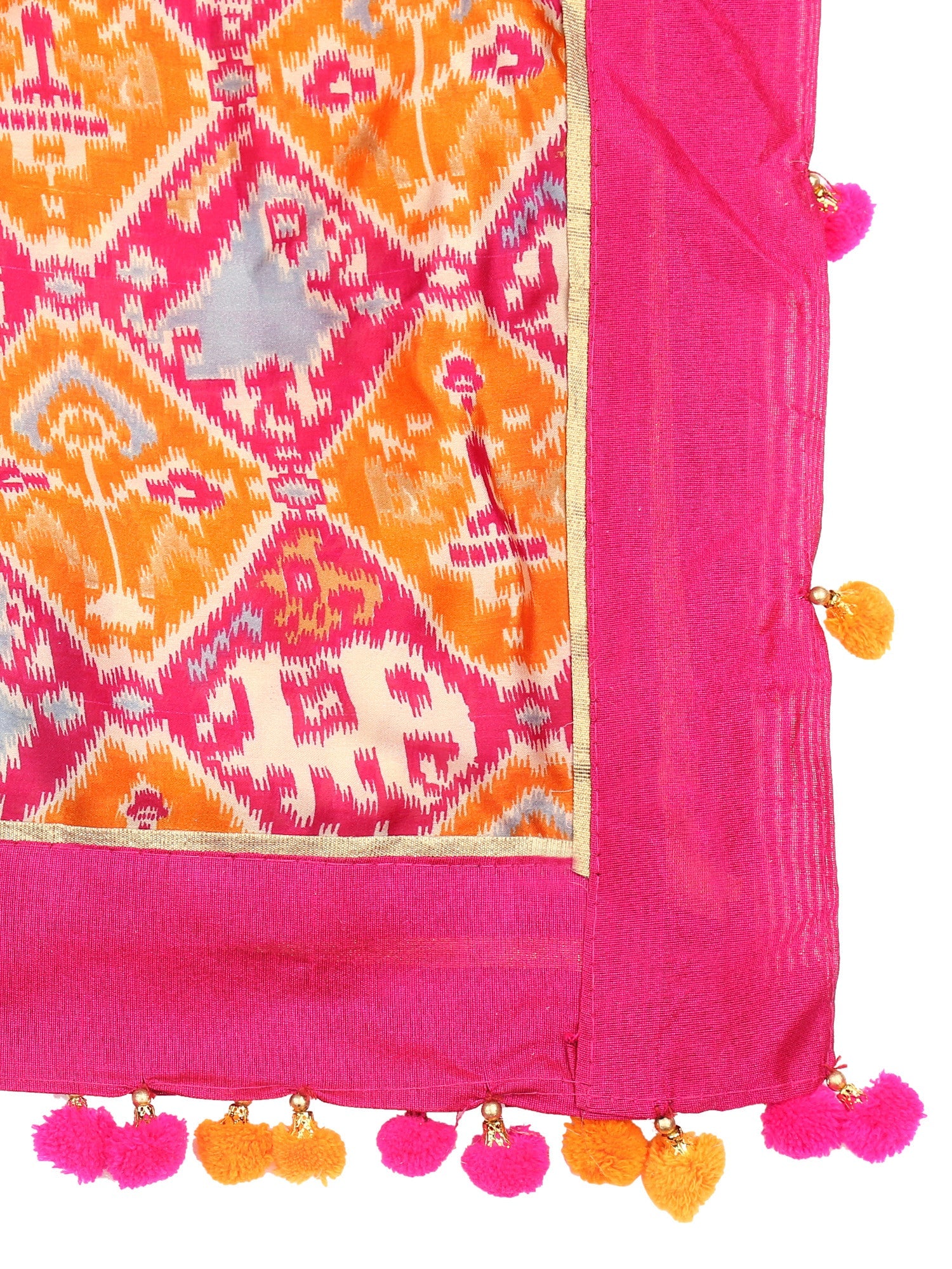 Dupatta Bazaar Woman's Satin Crepe Pink & Orange Ikat Print Dupatta - Dupatta Bazaar