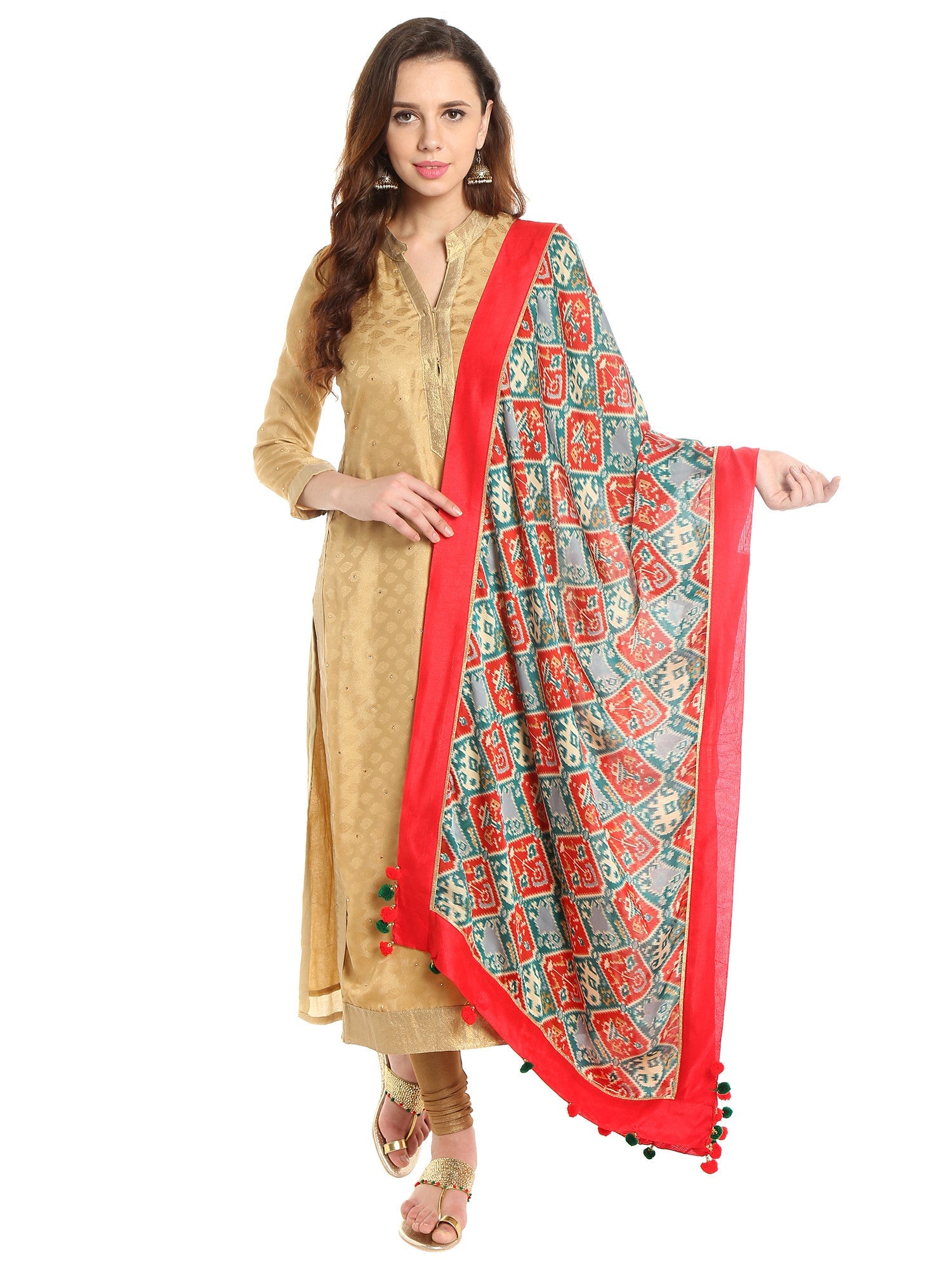 Dupatta Bazaar Woman's Satin Crepe Red & Green Ikat Print Dupatta - Dupatta Bazaar