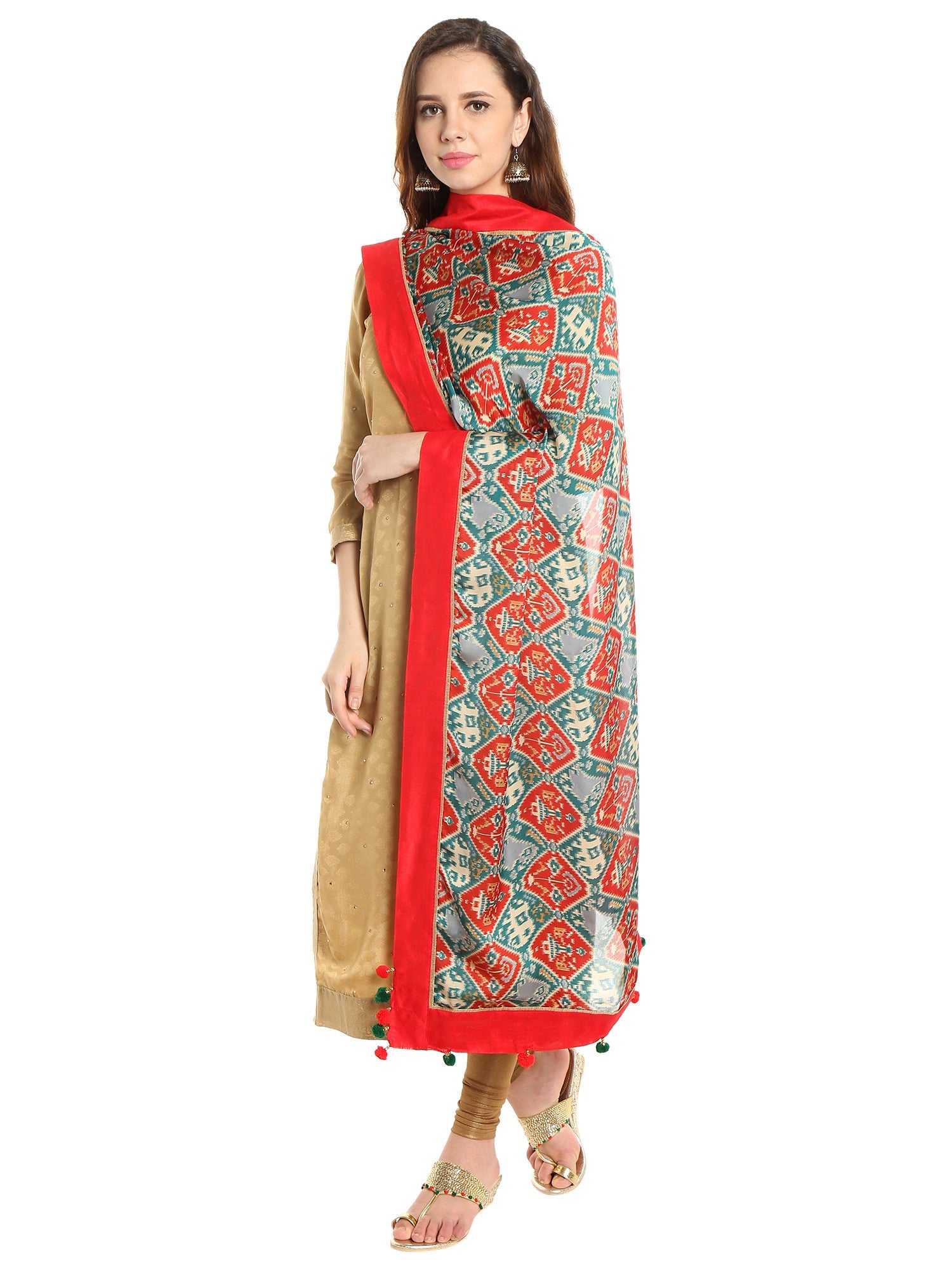 Dupatta Bazaar Woman's Satin Crepe Red & Green Ikat Print Dupatta - Dupatta Bazaar