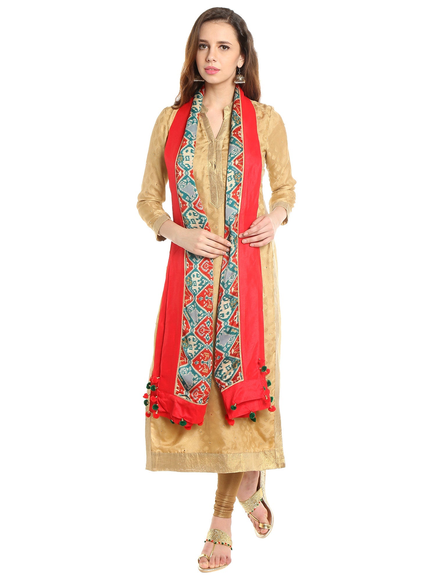 Dupatta Bazaar Woman's Satin Crepe Red & Green Ikat Print Dupatta - Dupatta Bazaar
