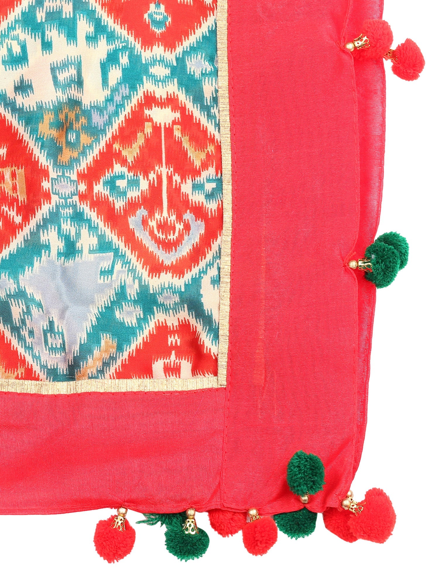 Dupatta Bazaar Woman's Satin Crepe Red & Green Ikat Print Dupatta - Dupatta Bazaar