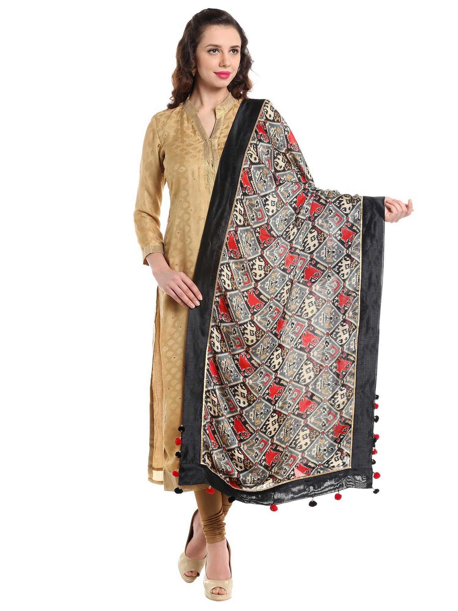 Dupatta Bazaar Woman's Satin Crepe Black & Red Ikat Print Dupatta - Dupatta Bazaar