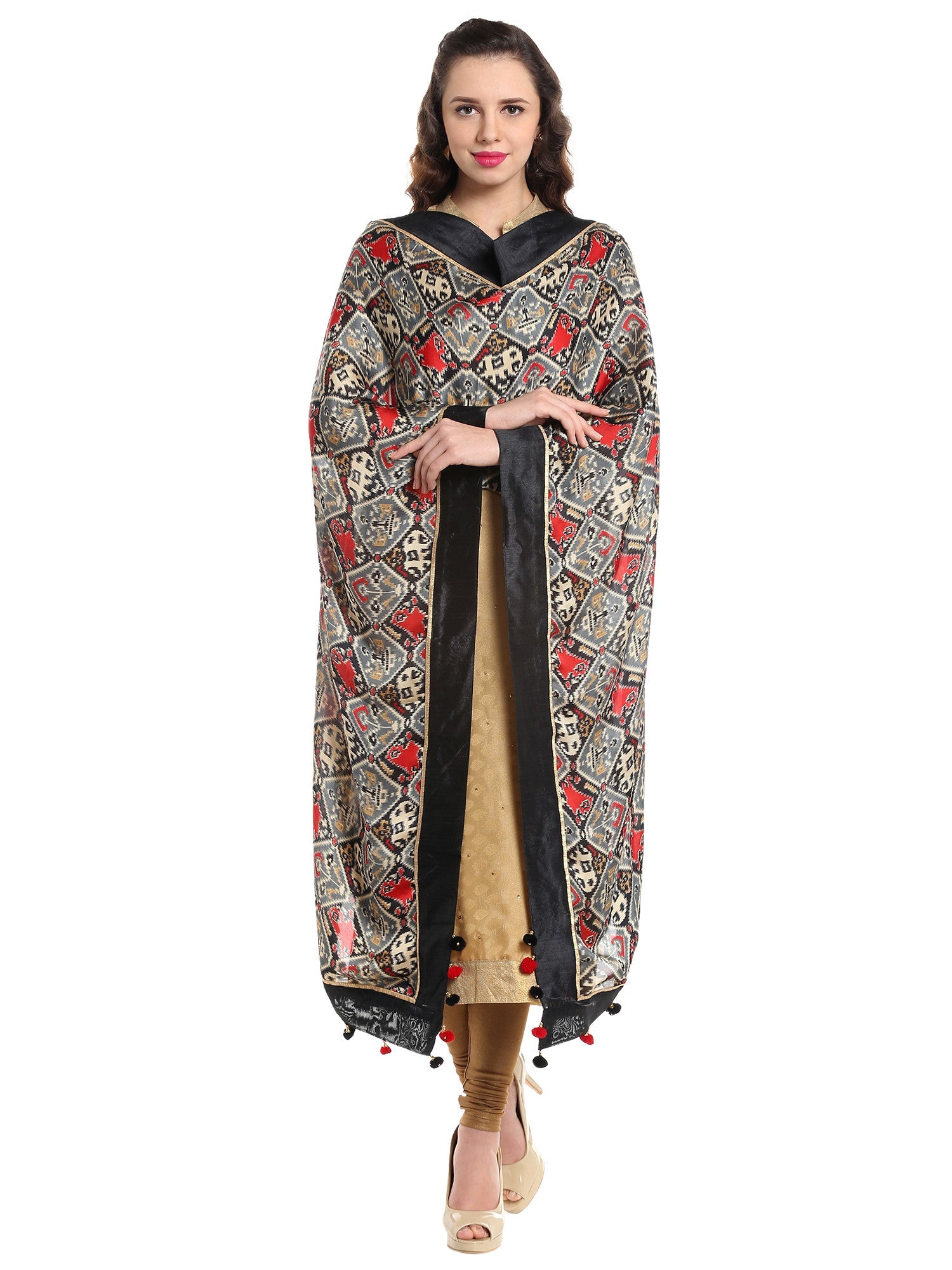 Dupatta Bazaar Woman's Satin Crepe Black & Red Ikat Print Dupatta - Dupatta Bazaar