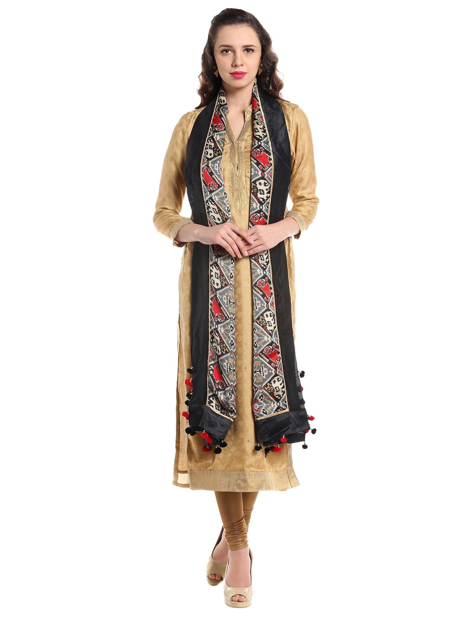 Dupatta Bazaar Woman's Satin Crepe Black & Red Ikat Print Dupatta - Dupatta Bazaar
