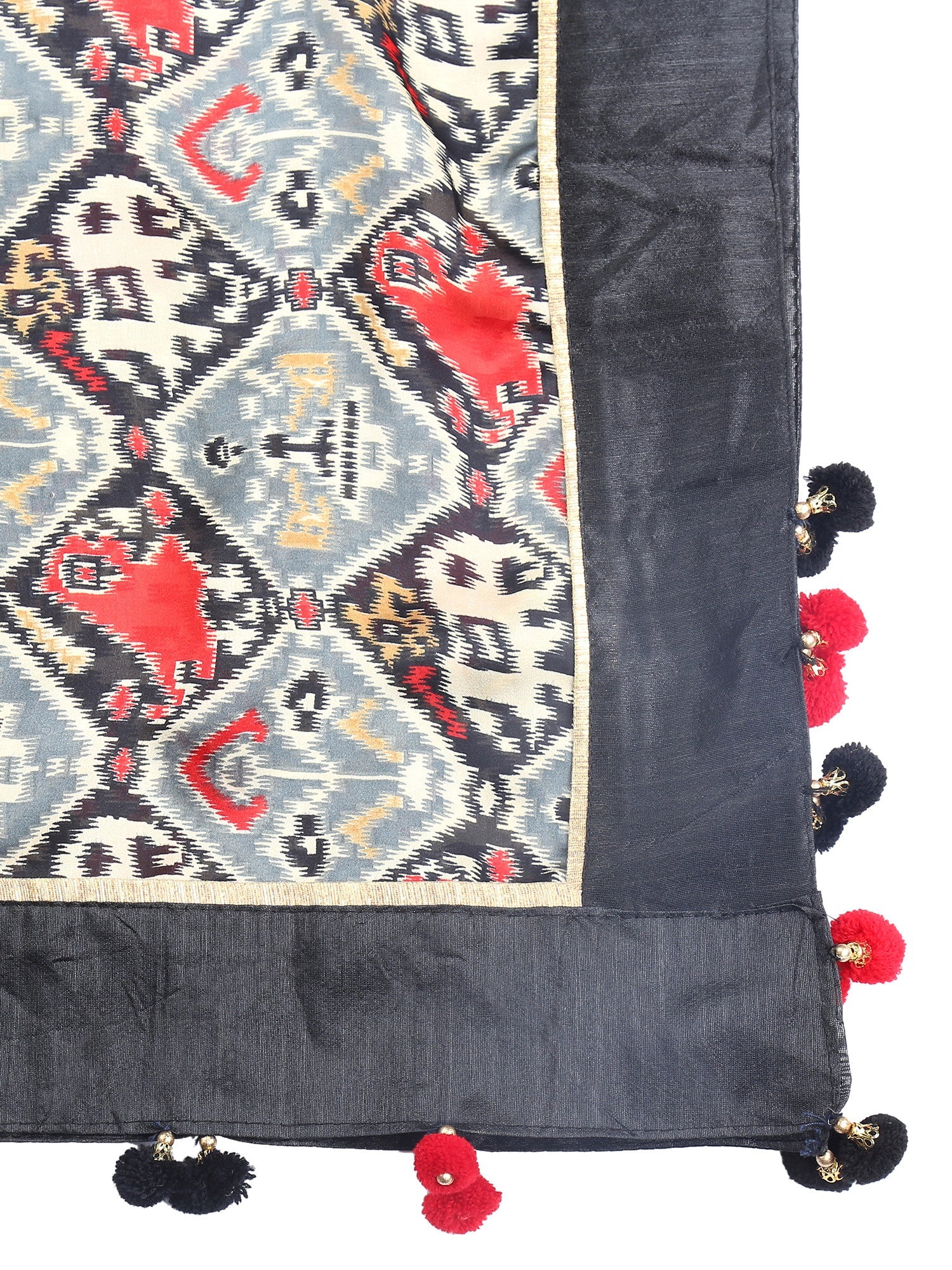 Dupatta Bazaar Woman's Satin Crepe Black & Red Ikat Print Dupatta - Dupatta Bazaar