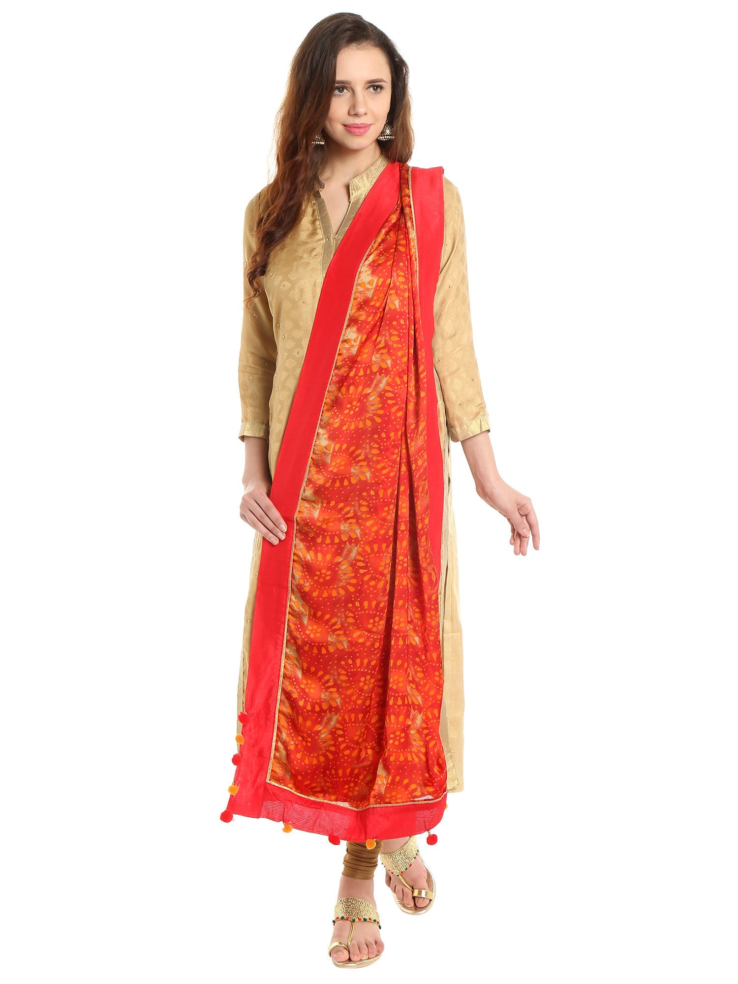 Dupatta Bazaar Woman's Satin Crepe Red and Orange Batik Print Dupatta - Dupatta Bazaar
