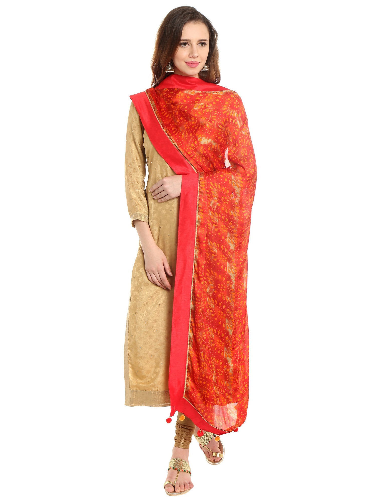 Dupatta Bazaar Woman's Satin Crepe Red and Orange Batik Print Dupatta - Dupatta Bazaar