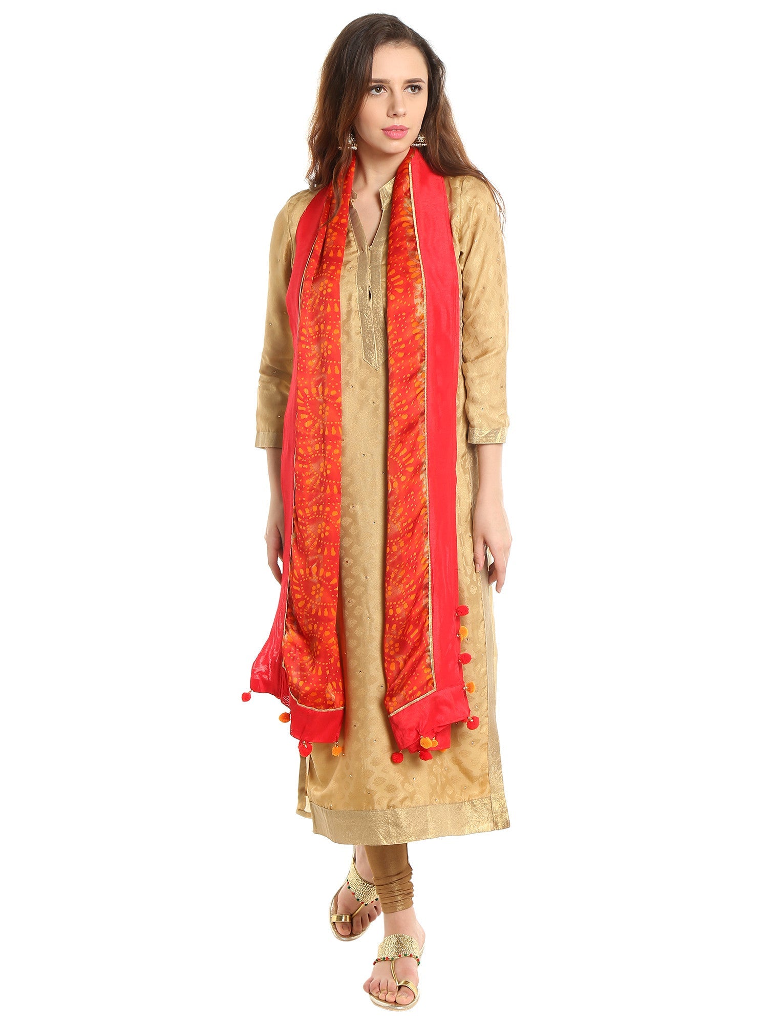 Dupatta Bazaar Woman's Satin Crepe Red and Orange Batik Print Dupatta - Dupatta Bazaar