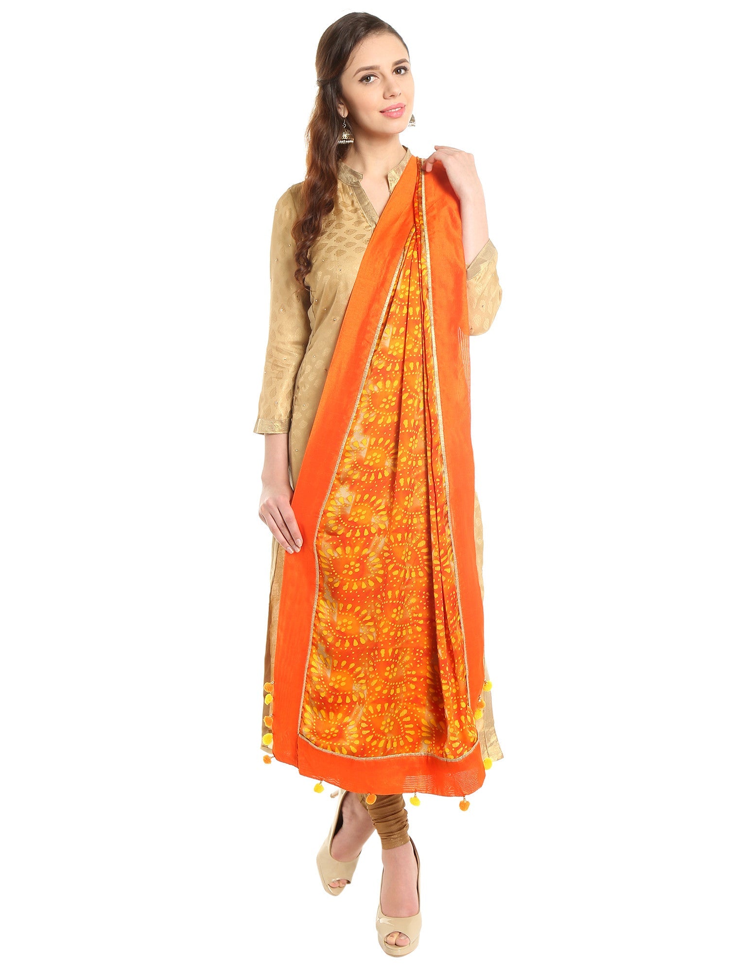 Dupatta Bazaar Woman's Satin Crepe Yellow and Orange Batik Print Dupatta - Dupatta Bazaar