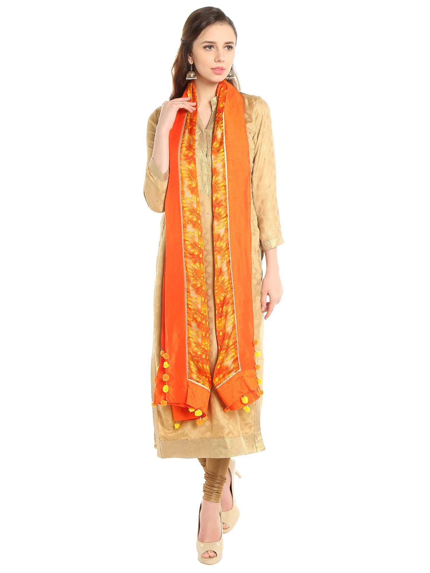 Dupatta Bazaar Woman's Satin Crepe Yellow and Orange Batik Print Dupatta - Dupatta Bazaar