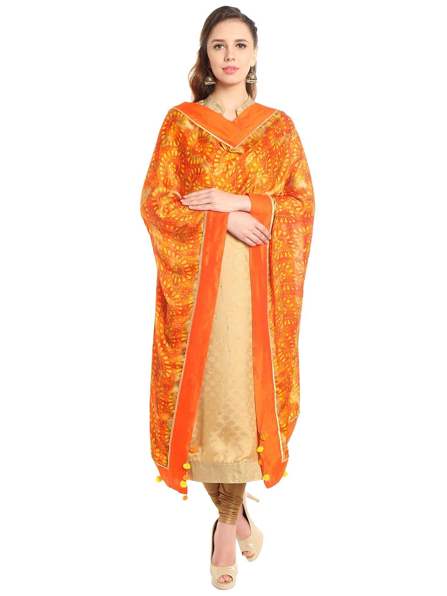 Dupatta Bazaar Woman's Satin Crepe Yellow and Orange Batik Print Dupatta - Dupatta Bazaar