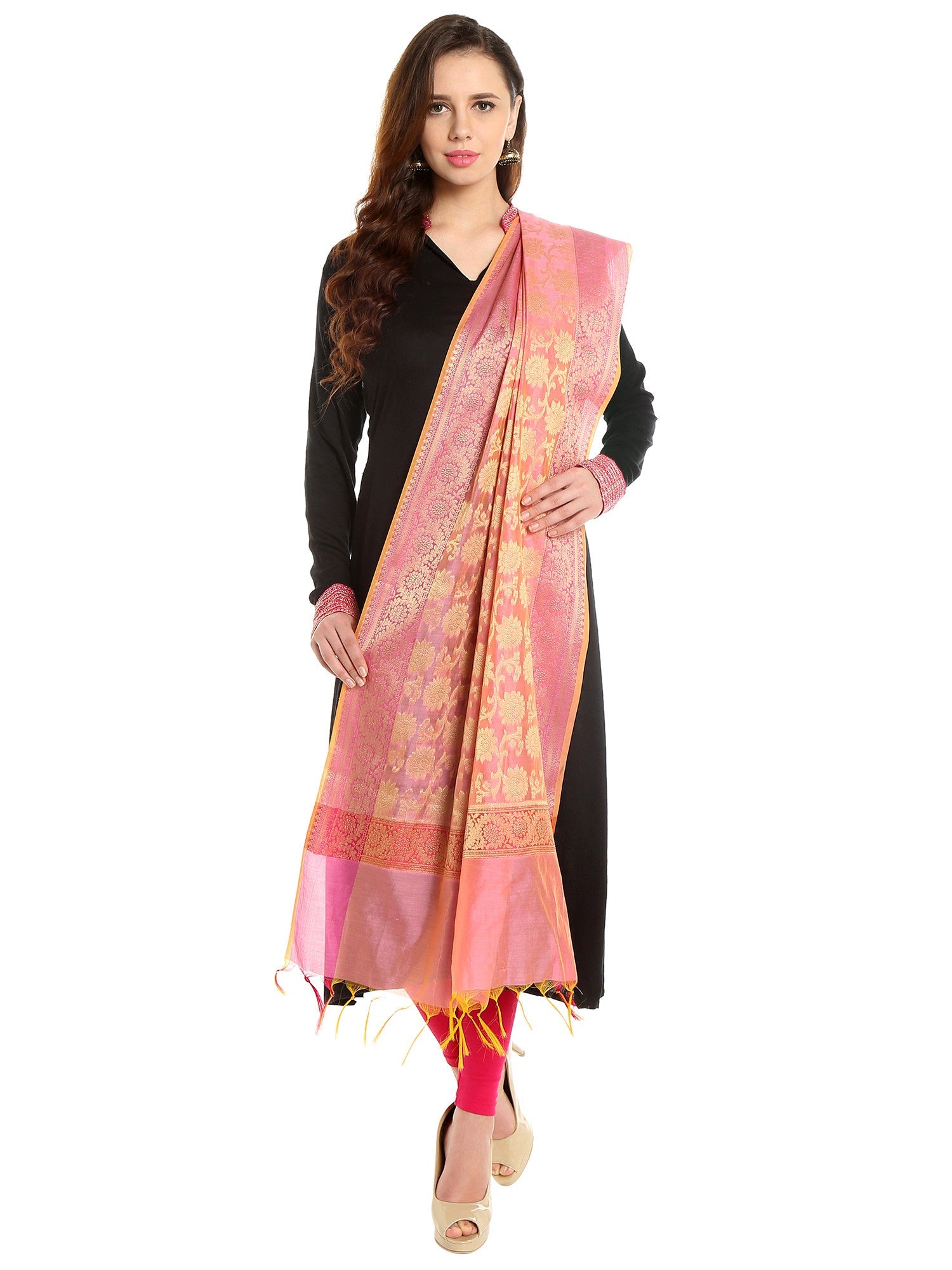 Dupatta Bazaar Women's Benarasi Silk Woven Pink & Gold dupatta - Dupatta Bazaar