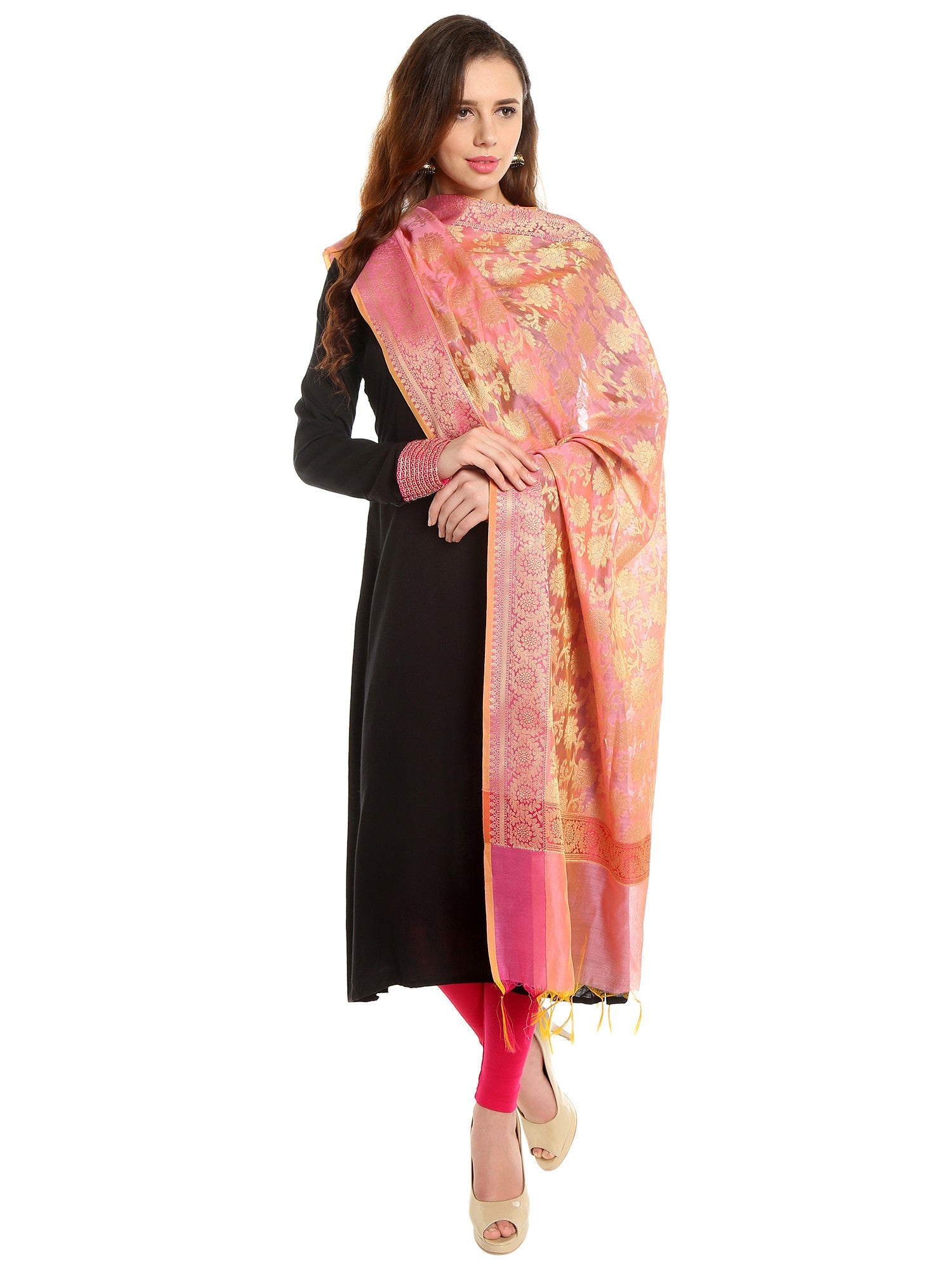 Dupatta Bazaar Women's Benarasi Silk Woven Pink & Gold dupatta - Dupatta Bazaar