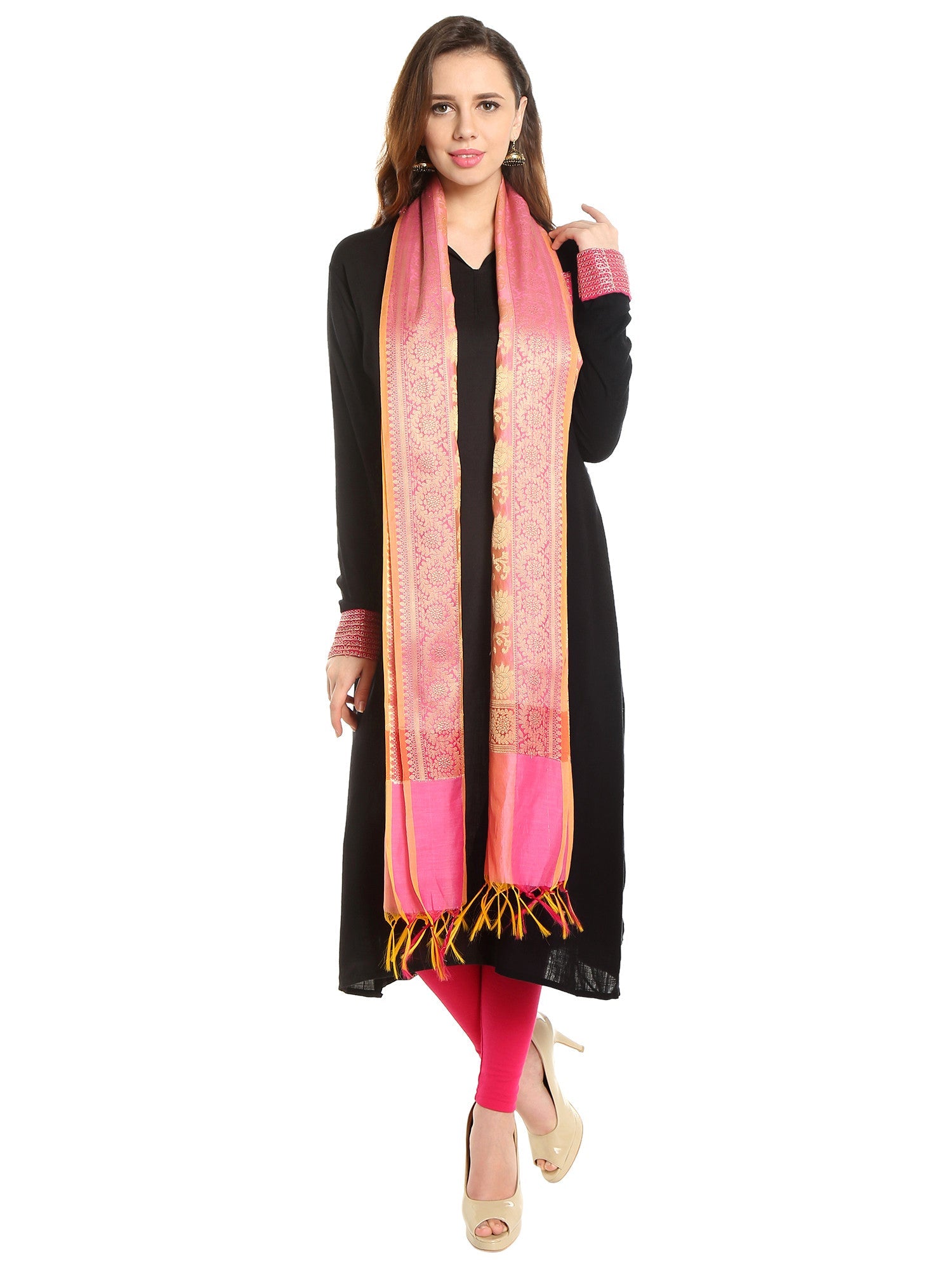 Dupatta Bazaar Women's Benarasi Silk Woven Pink & Gold dupatta - Dupatta Bazaar