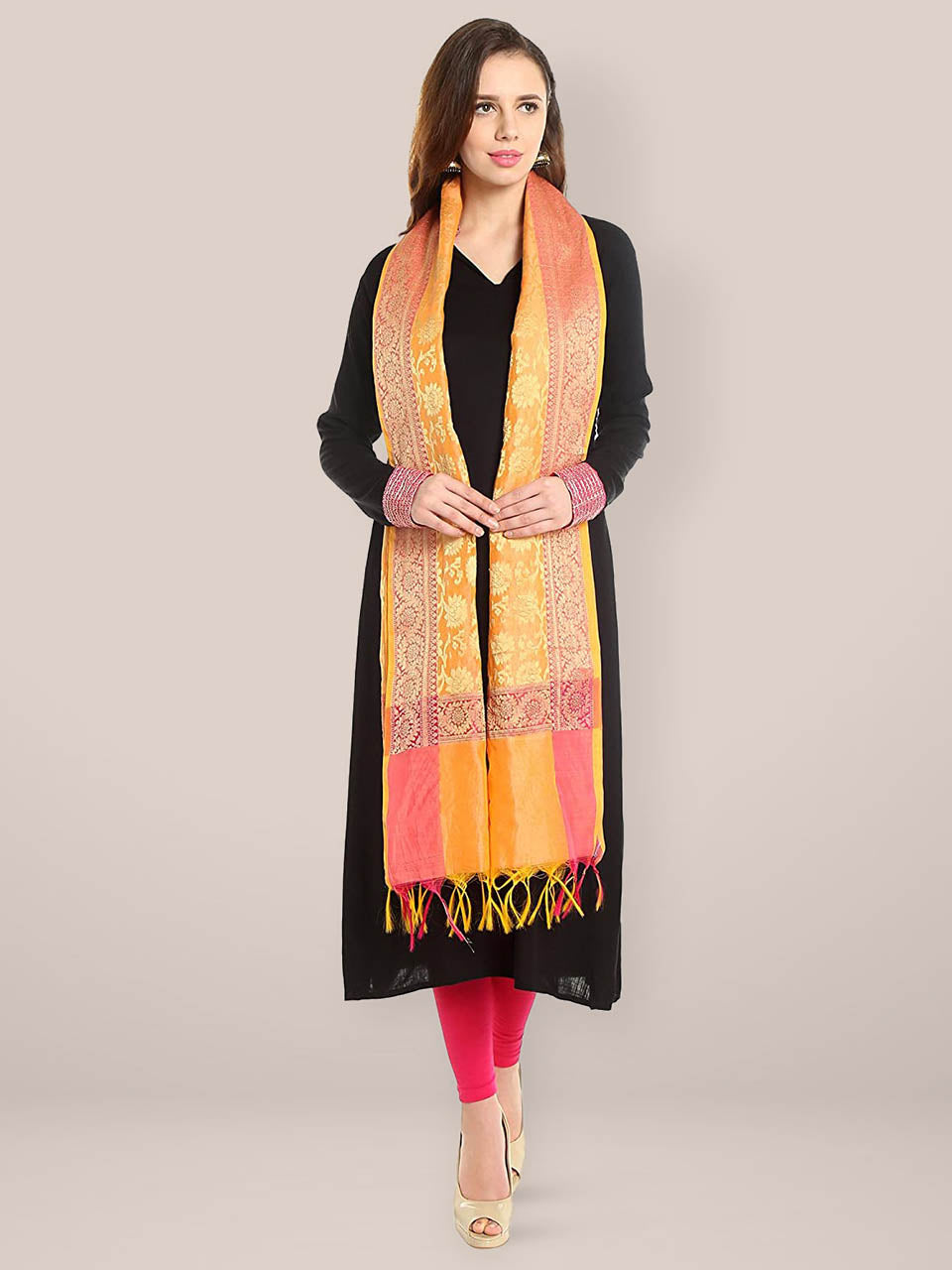 Banarasi Silk Woven Orange & Gold dupatta freeshipping - Dupatta Bazaar