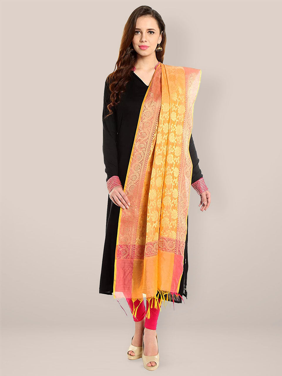 Banarasi Silk Woven Orange & Gold dupatta freeshipping - Dupatta Bazaar