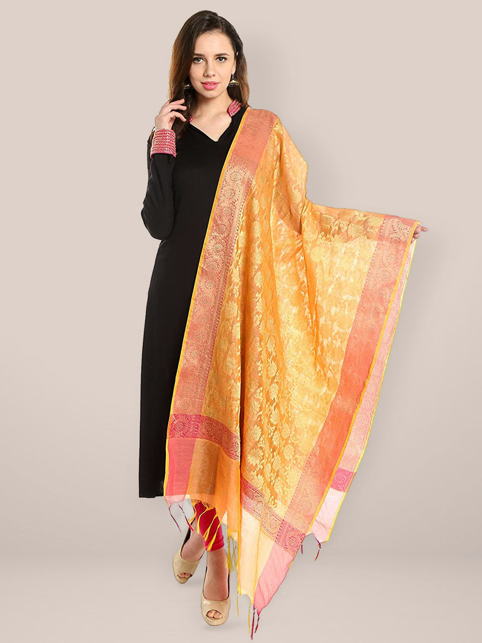 Banarasi Silk Woven Orange & Gold dupatta freeshipping - Dupatta Bazaar