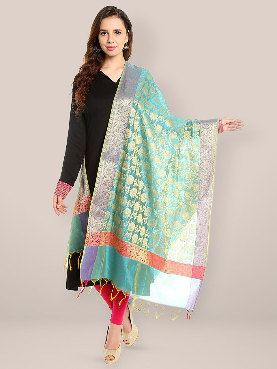 Aqua Blue & Gold Banarsi Silk Dupatta freeshipping - Dupatta Bazaar