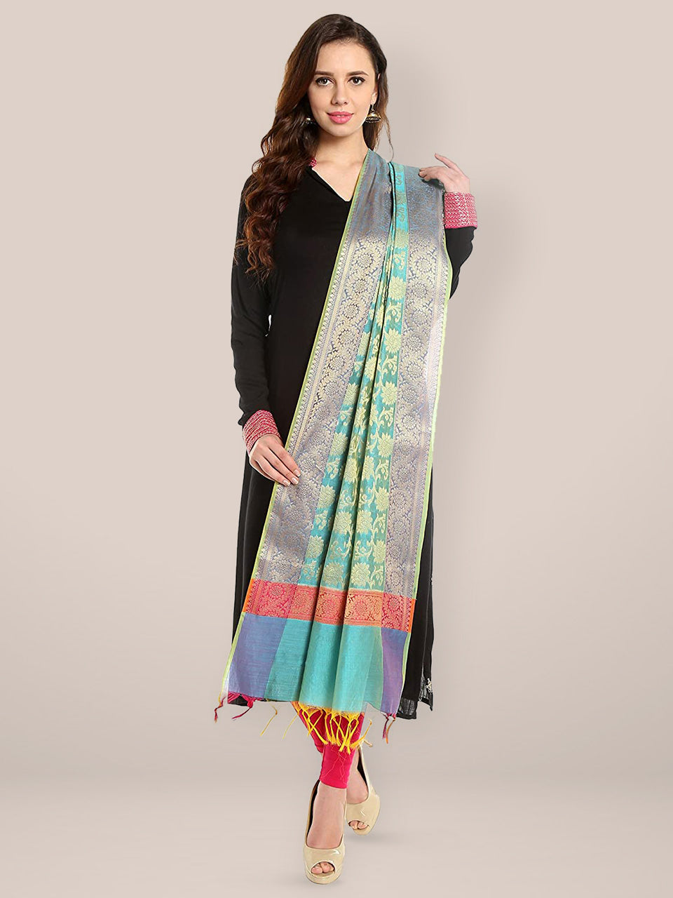 Aqua Blue & Gold Banarsi Silk Dupatta freeshipping - Dupatta Bazaar