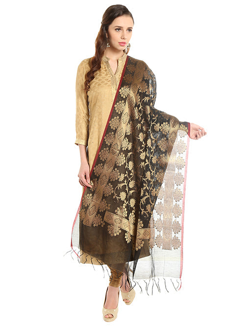Dupatta Bazaar Women's Benarasi Silk Woven Black & Gold dupatta - Dupatta Bazaar