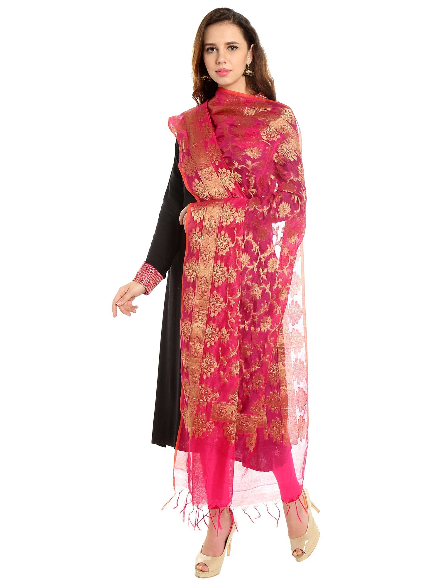 Dupatta Bazaar Women's Banarasi Silk Woven Dark Pink & Gold dupatta - Dupatta Bazaar