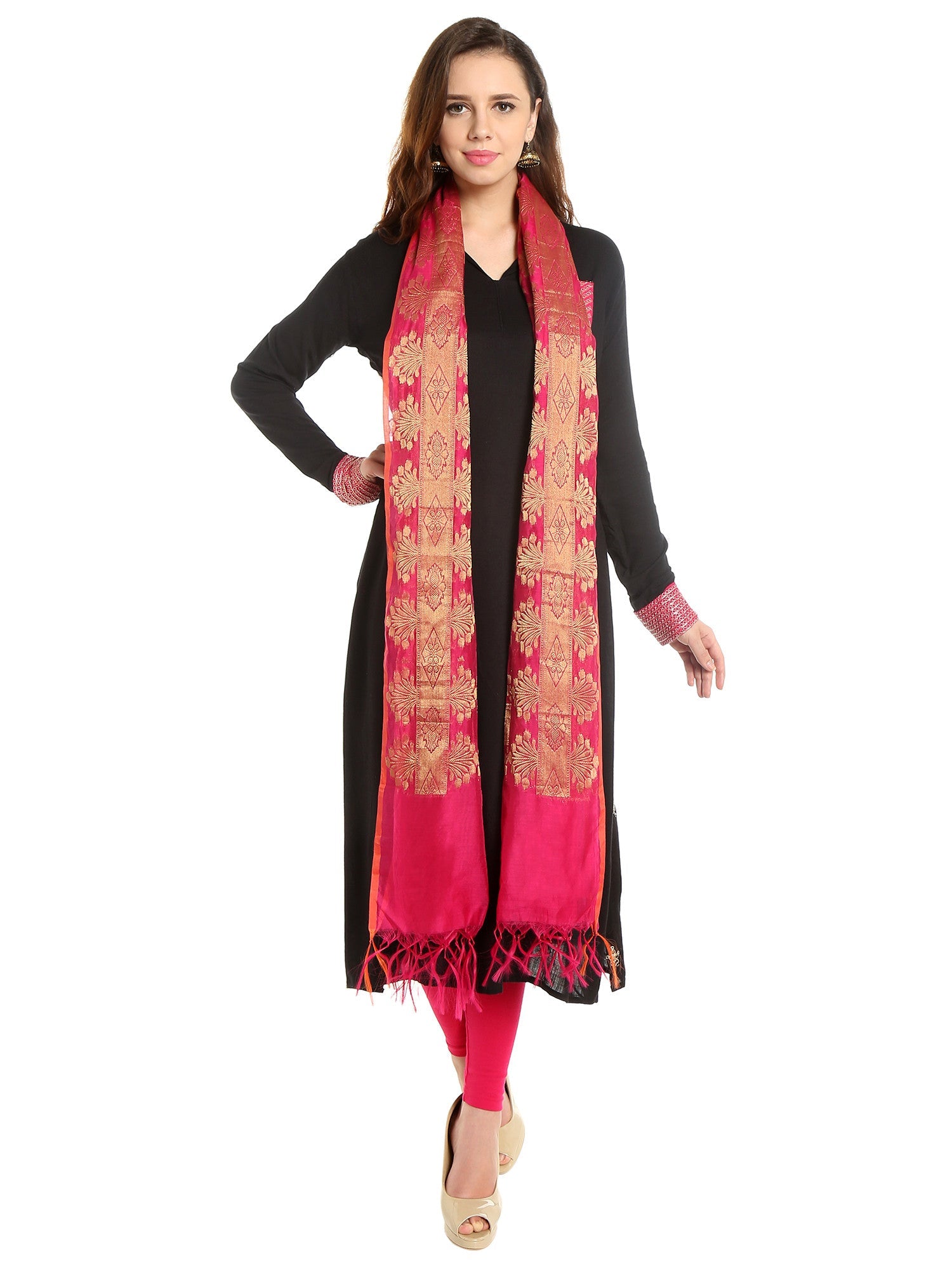 Dupatta Bazaar Women's Banarasi Silk Woven Dark Pink & Gold dupatta - Dupatta Bazaar