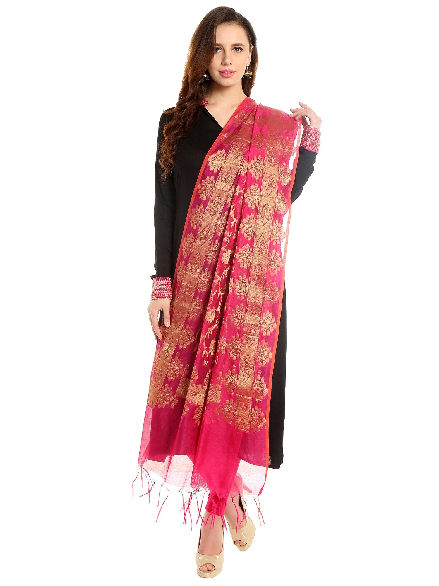 Dupatta Bazaar Women's Banarasi Silk Woven Dark Pink & Gold dupatta - Dupatta Bazaar
