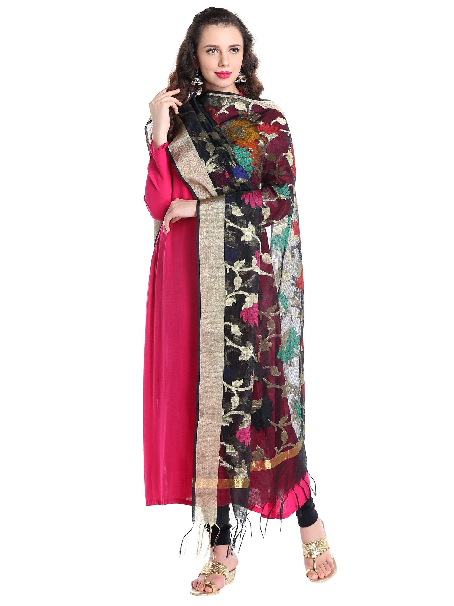 Dupatta Bazaar Women's Benarasi Silk Woven Black & Multicoloured dupatta - Dupatta Bazaar