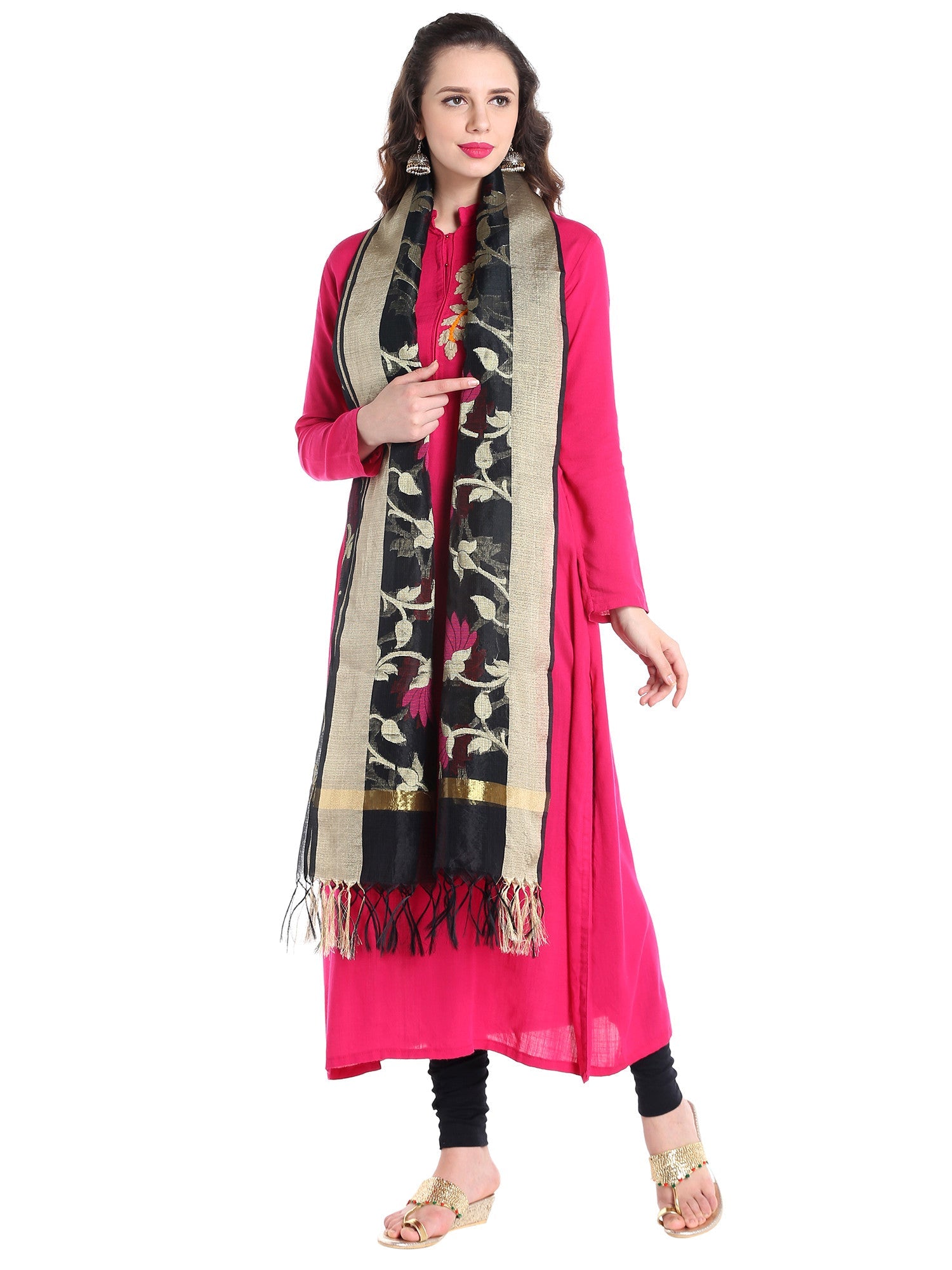 Dupatta Bazaar Women's Benarasi Silk Woven Black & Multicoloured dupatta - Dupatta Bazaar