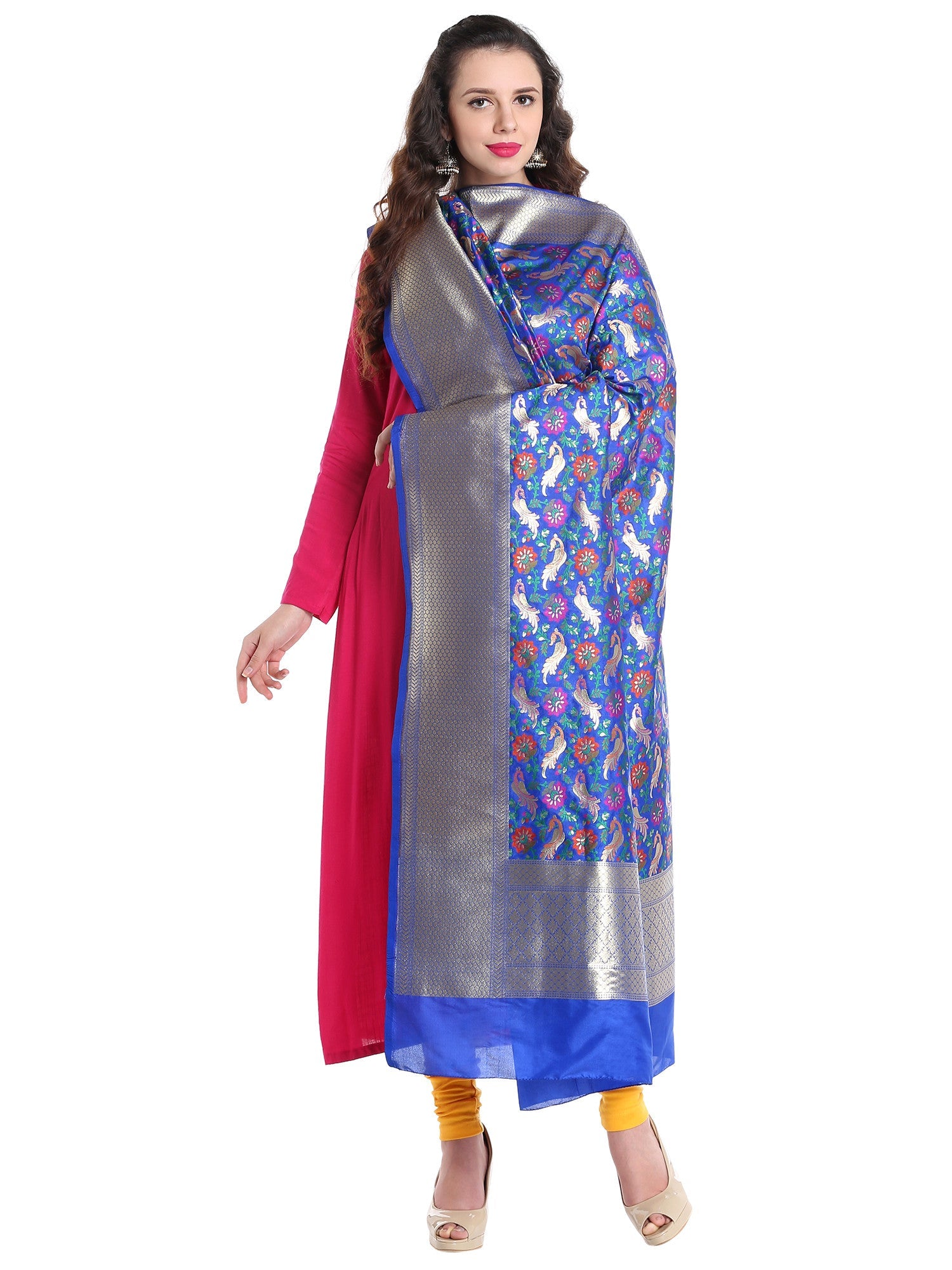 Dupatta Bazaar Women's Pure Benarasi Woven Katan Silk Blue & Multicoloured dupatta - Dupatta Bazaar