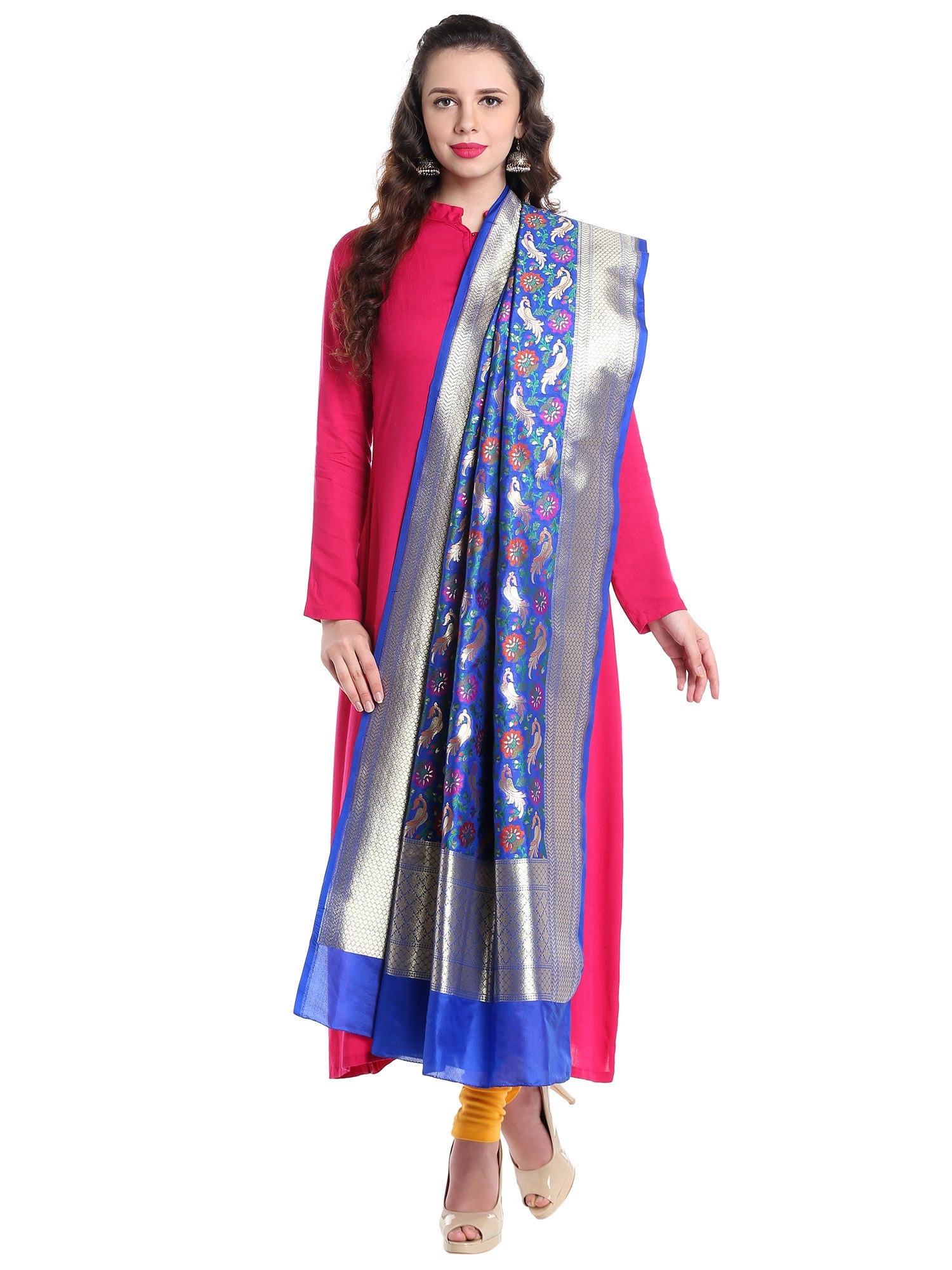 Dupatta Bazaar Women's Pure Benarasi Woven Katan Silk Blue & Multicoloured dupatta - Dupatta Bazaar