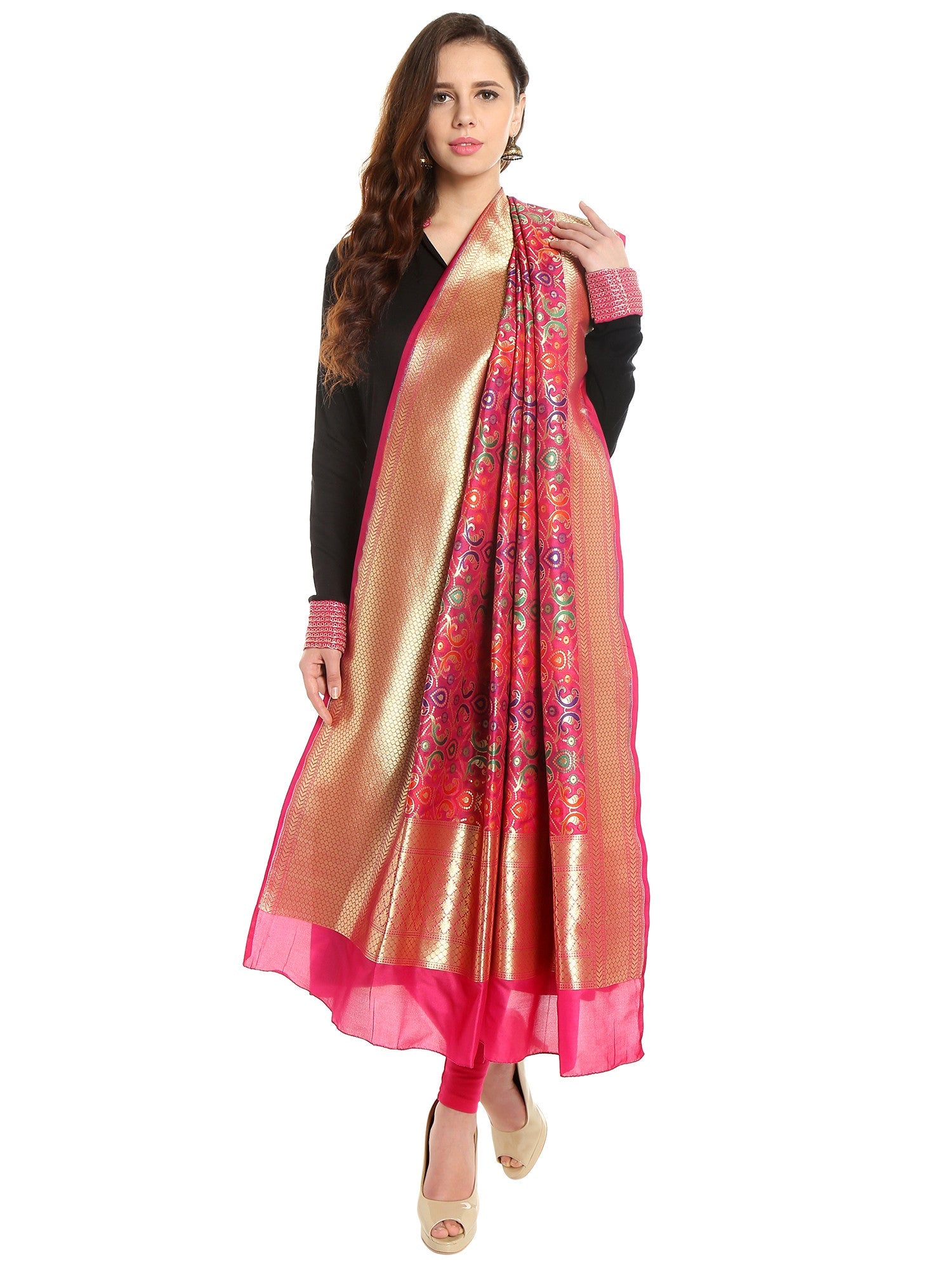 Dupatta Bazaar Women's Pure Benarasi Woven Katan Silk Pink, Gold & Multicoloured dupatta - Dupatta Bazaar