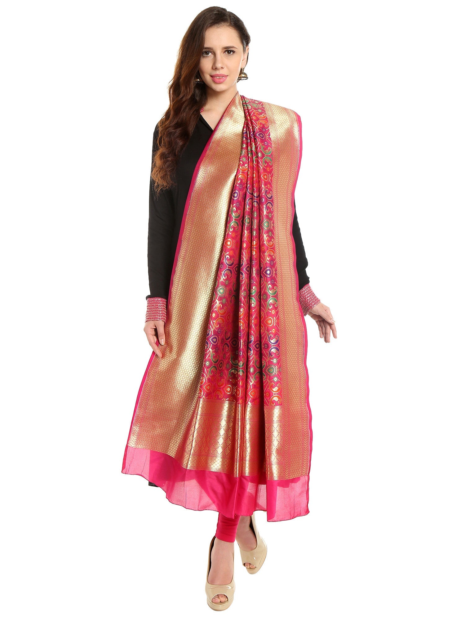 Dupatta Bazaar Women's Pure Benarasi Woven Katan Silk Pink, Gold & Multicoloured dupatta - Dupatta Bazaar