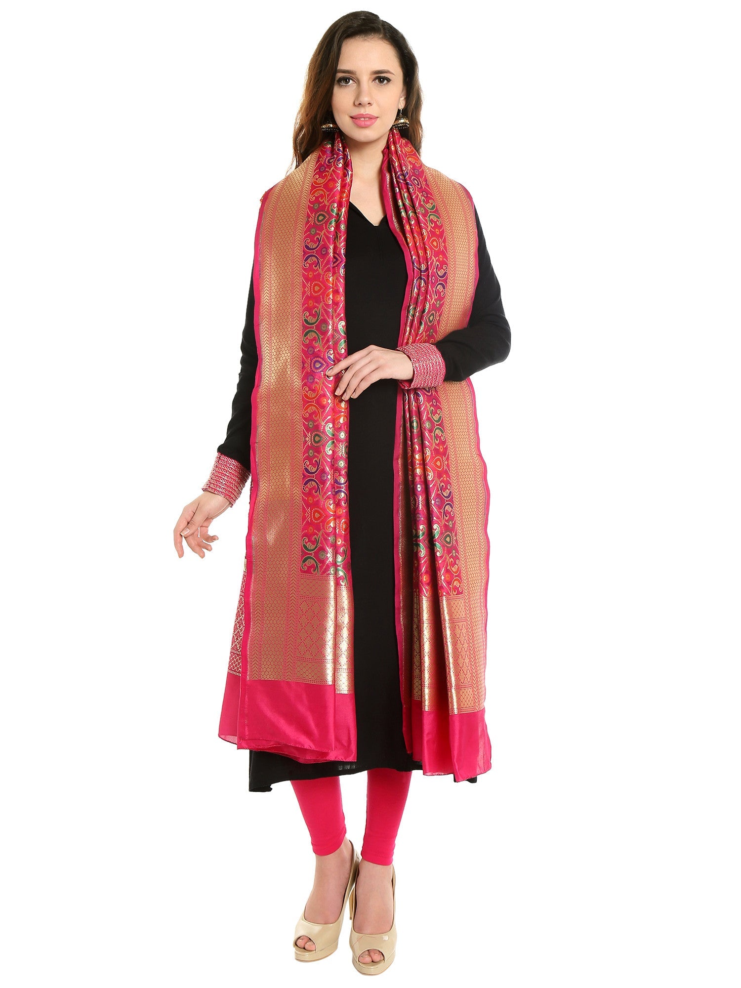 Dupatta Bazaar Women's Pure Benarasi Woven Katan Silk Pink, Gold & Multicoloured dupatta - Dupatta Bazaar