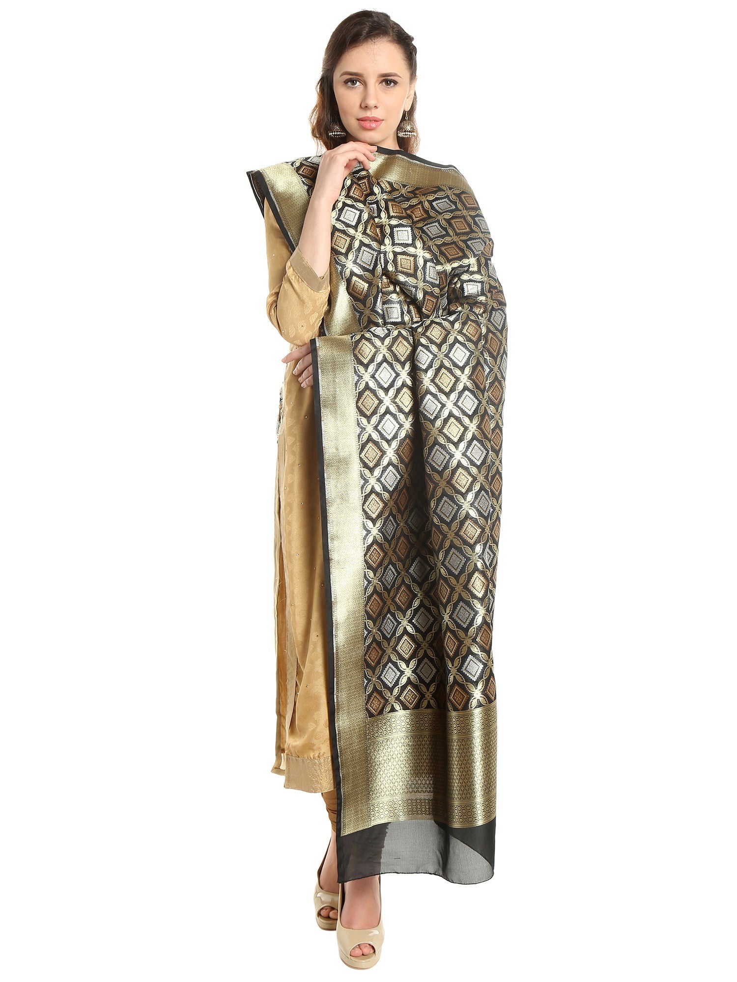 Dupatta Bazaar Women's Pure Benarasi Woven Katan Silk Black & Gold dupatta - Dupatta Bazaar