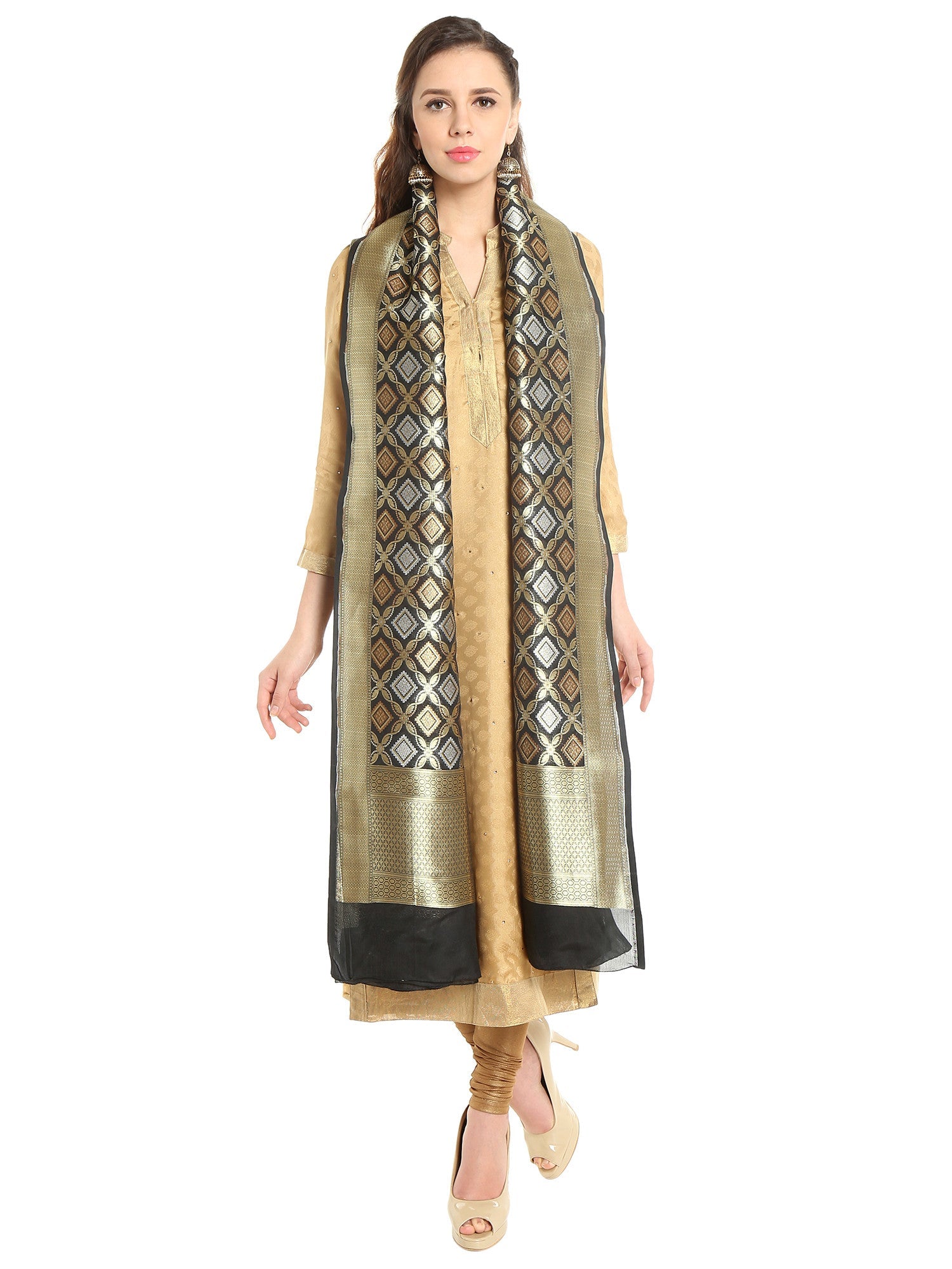 Dupatta Bazaar Women's Pure Benarasi Woven Katan Silk Black & Gold dupatta - Dupatta Bazaar