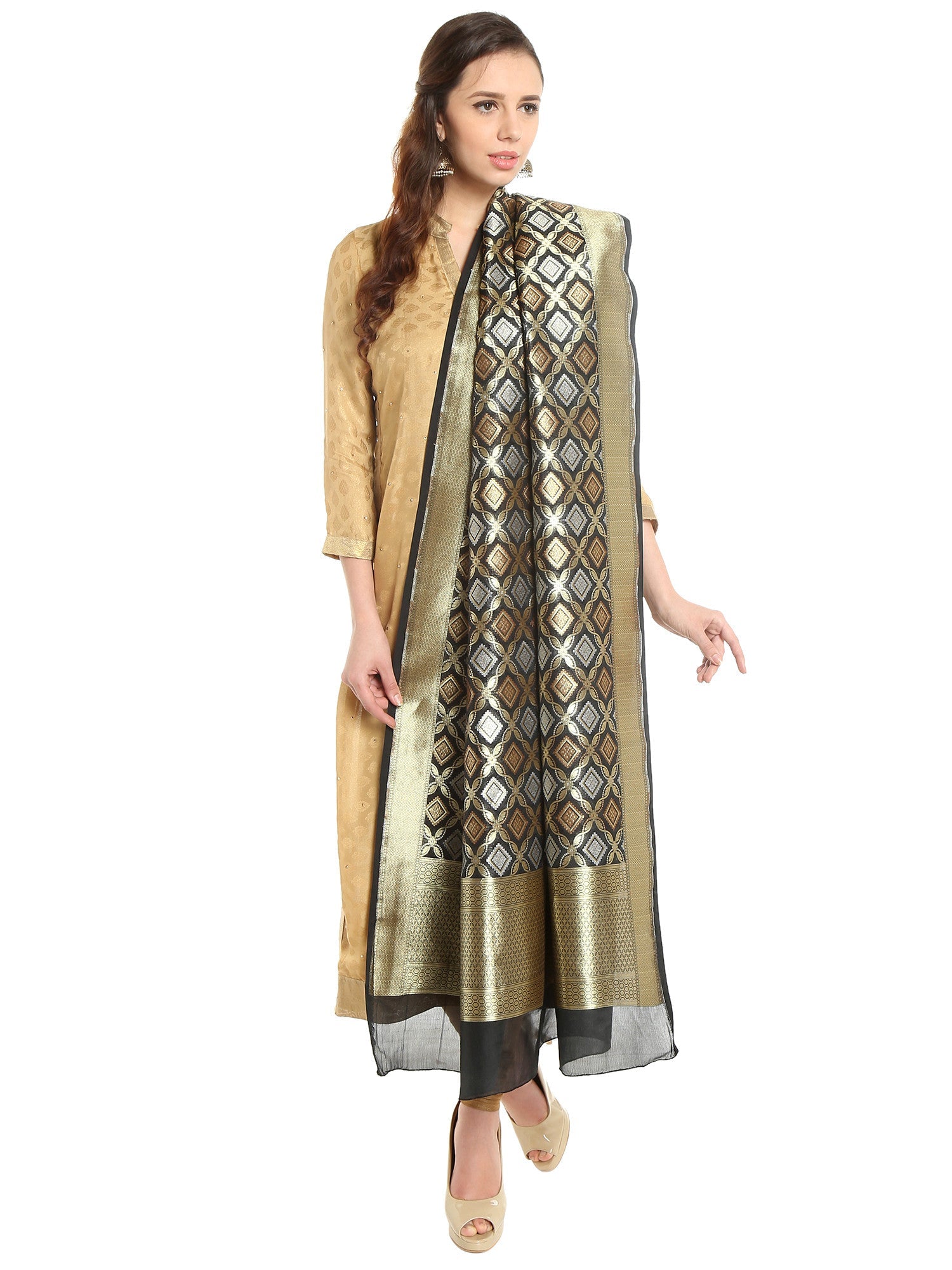 Dupatta Bazaar Women's Pure Benarasi Woven Katan Silk Black & Gold dupatta - Dupatta Bazaar