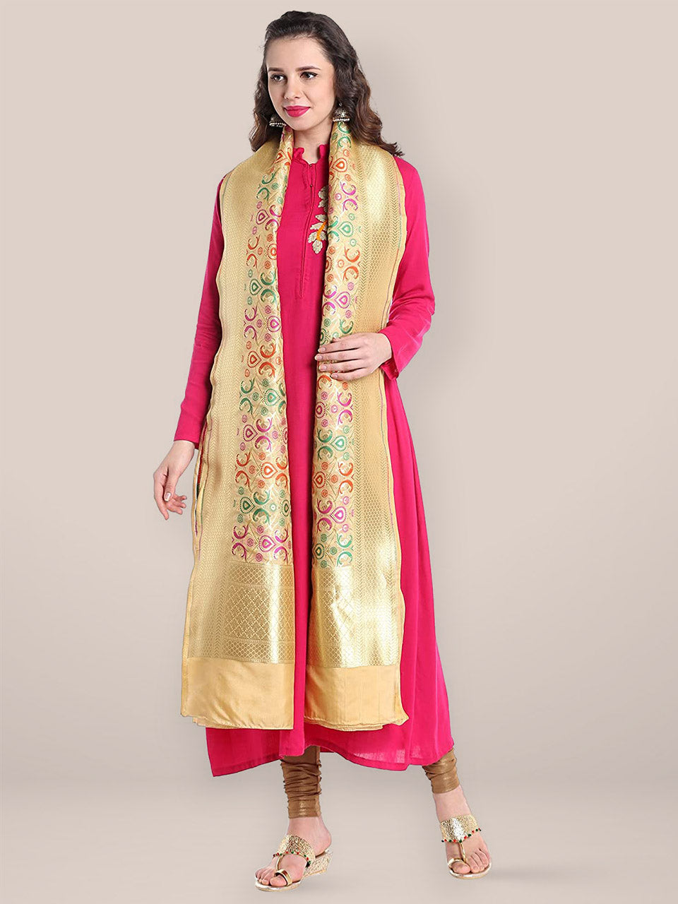 Dupatta Bazaar Women's Pure Benarasi Woven Katan Silk Beige, Gold & Multicoloured dupatta freeshipping - Dupatta Bazaar