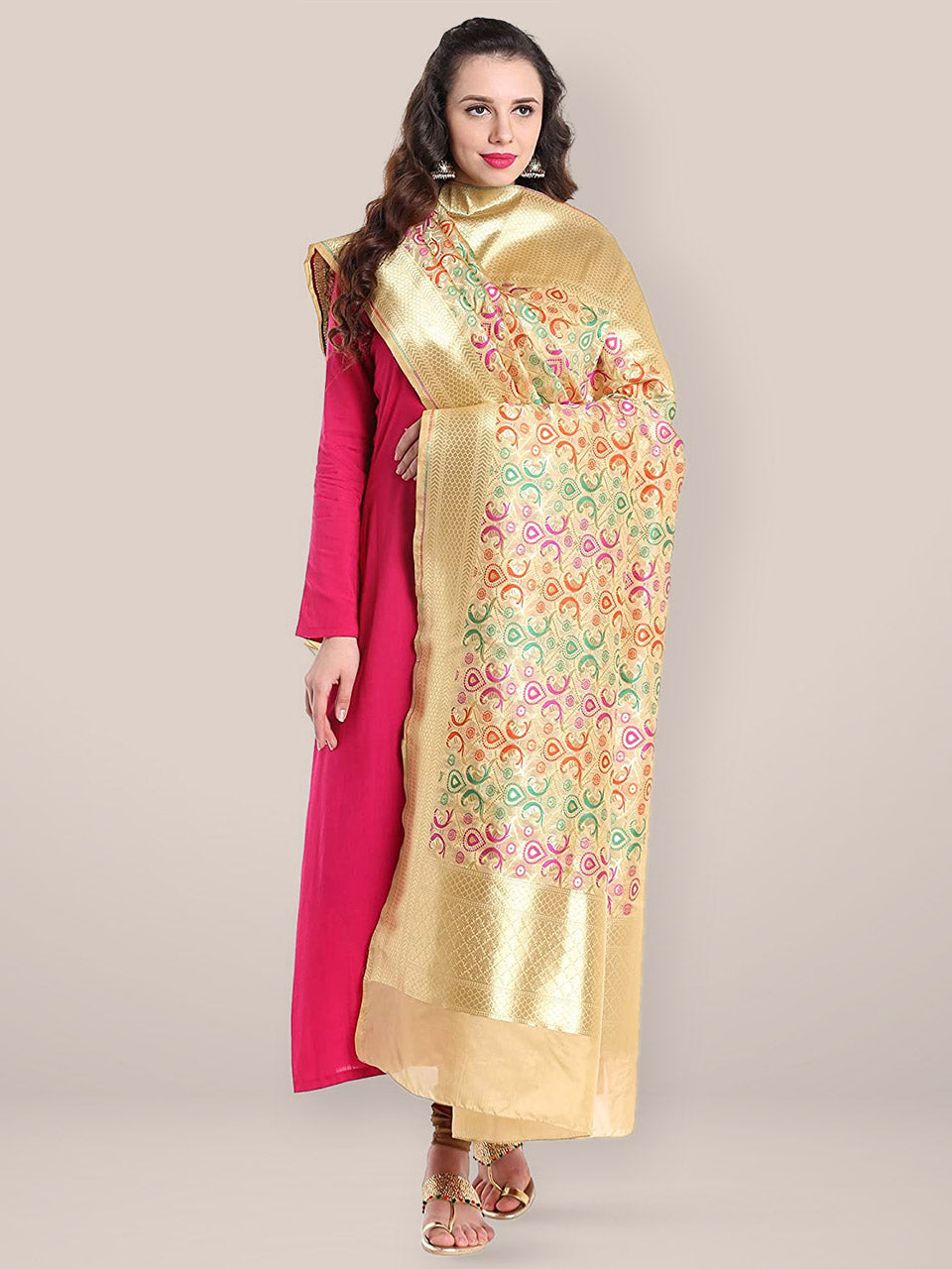 Dupatta Bazaar Women's Pure Benarasi Woven Katan Silk Beige, Gold & Multicoloured dupatta freeshipping - Dupatta Bazaar