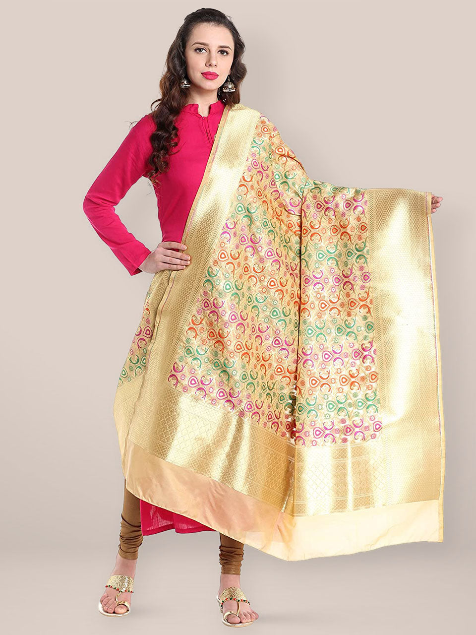 Dupatta Bazaar Women's Pure Benarasi Woven Katan Silk Beige, Gold & Multicoloured dupatta freeshipping - Dupatta Bazaar
