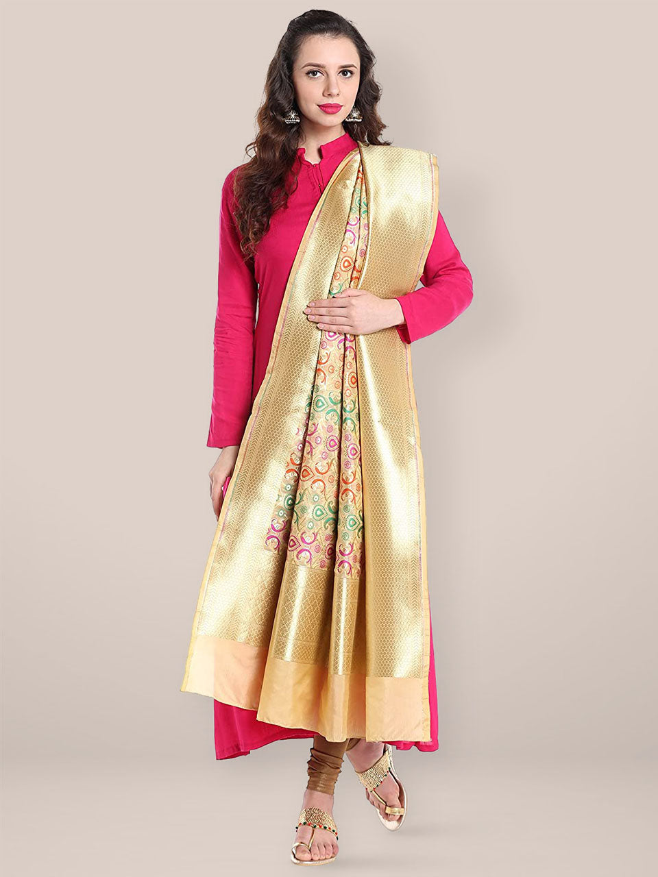 Dupatta Bazaar Women's Pure Benarasi Woven Katan Silk Beige, Gold & Multicoloured dupatta freeshipping - Dupatta Bazaar