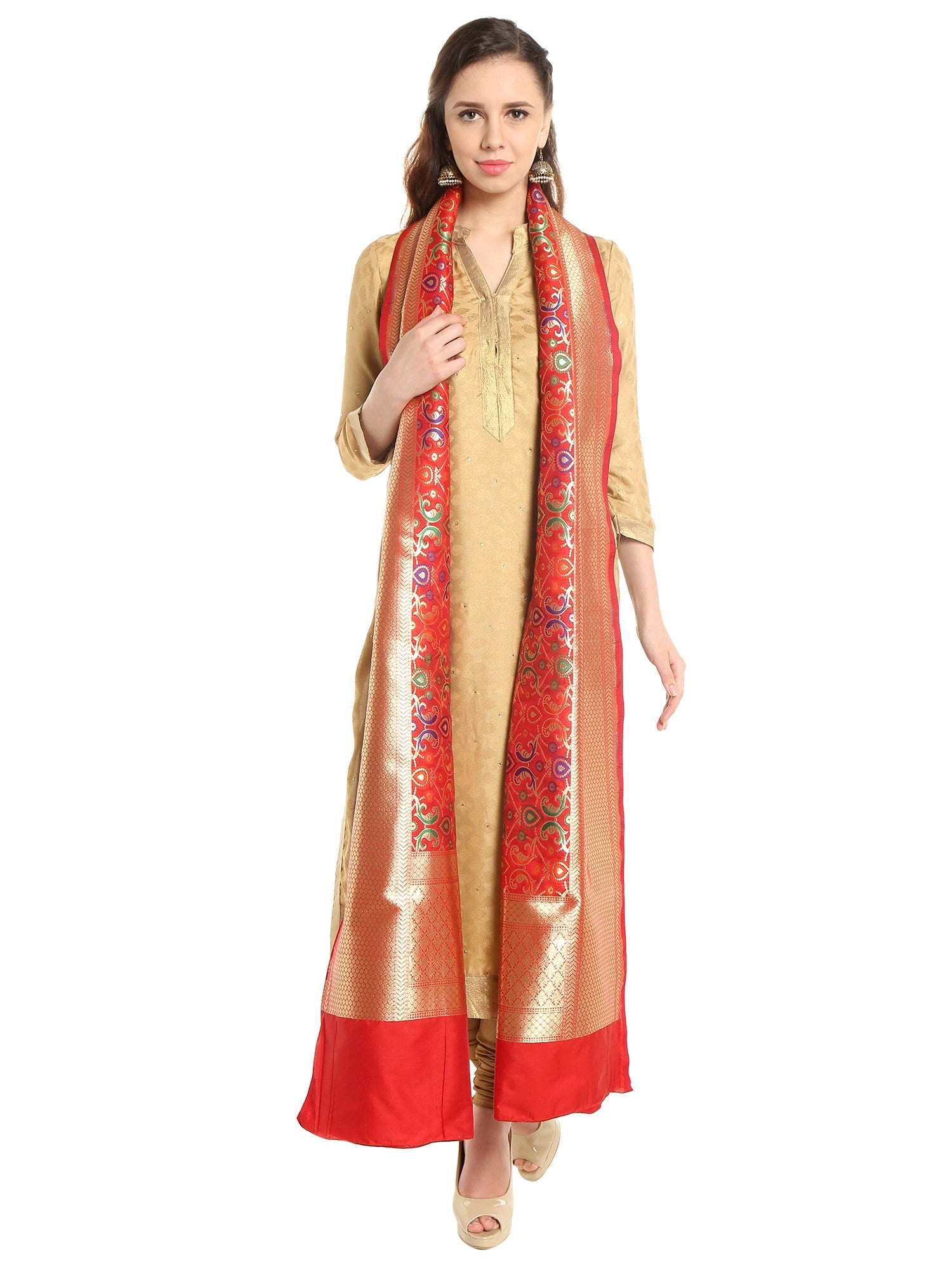 Dupatta Bazaar Women's Pure Benarasi Woven Katan Silk Red, Gold & Multicoloured dupatta - Dupatta Bazaar