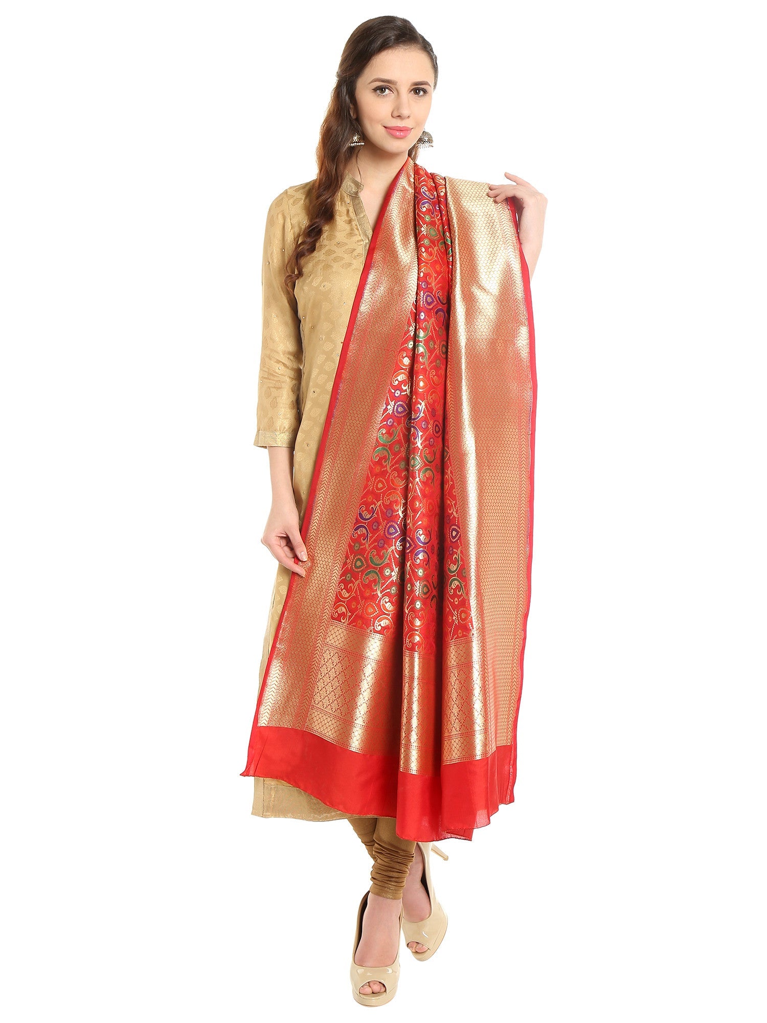 Dupatta Bazaar Women's Pure Benarasi Woven Katan Silk Red, Gold & Multicoloured dupatta - Dupatta Bazaar