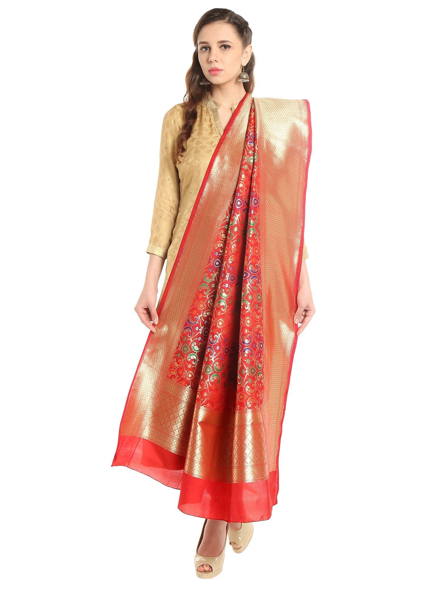 Dupatta Bazaar Women's Pure Benarasi Woven Katan Silk Red, Gold & Multicoloured dupatta - Dupatta Bazaar