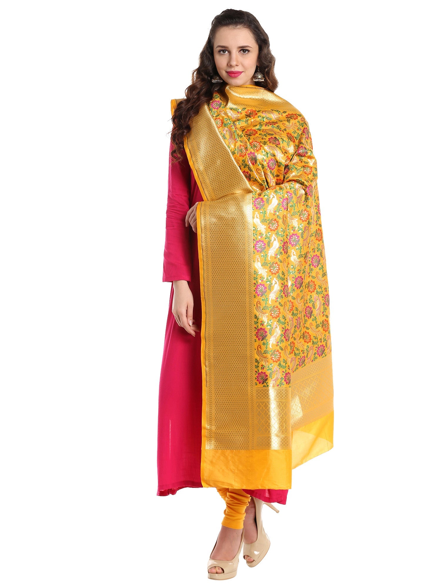 Dupatta Bazaar Women's Pure Benarasi Woven Katan Silk Mustard, Gold & Multicoloured dupatta - Dupatta Bazaar