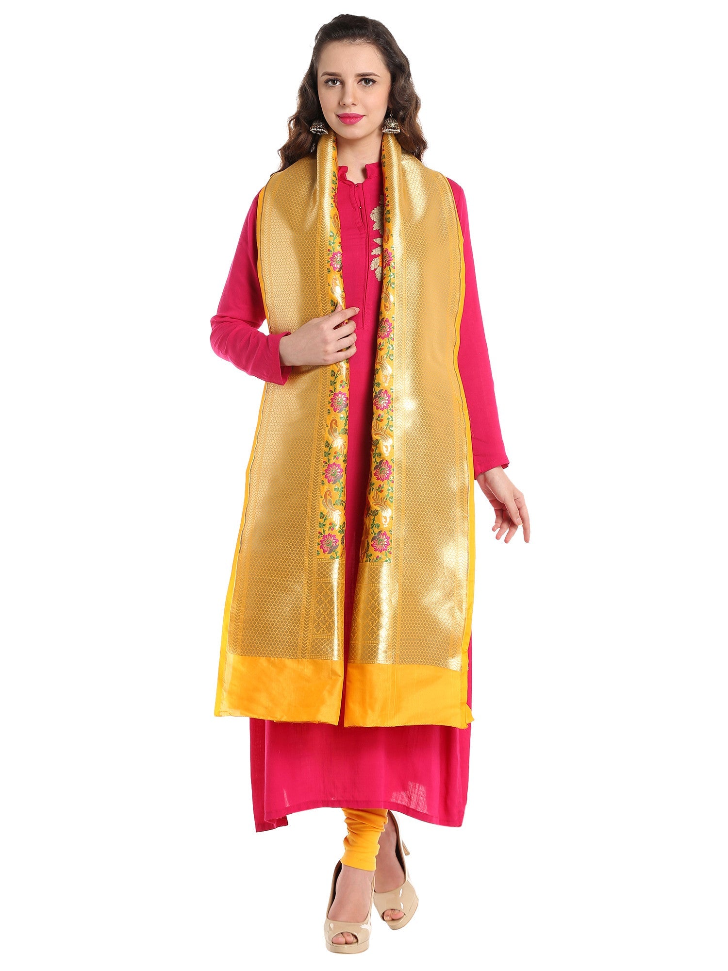 Dupatta Bazaar Women's Pure Benarasi Woven Katan Silk Mustard, Gold & Multicoloured dupatta - Dupatta Bazaar